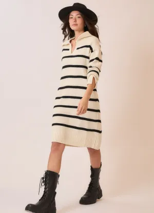 Stripe V Neck Sweater Dress in Natural by Cozy Co