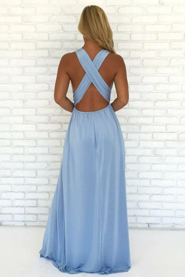 A-Line V-Neck Criss-Cross Straps Sky Blue Chiffon Prom Dress with Split  PG997