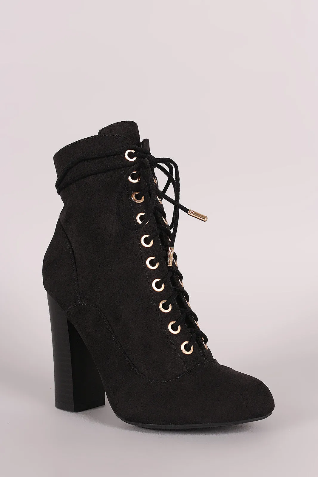 Bamboo Suede Lace Up Chunky Heeled Ankle Boots