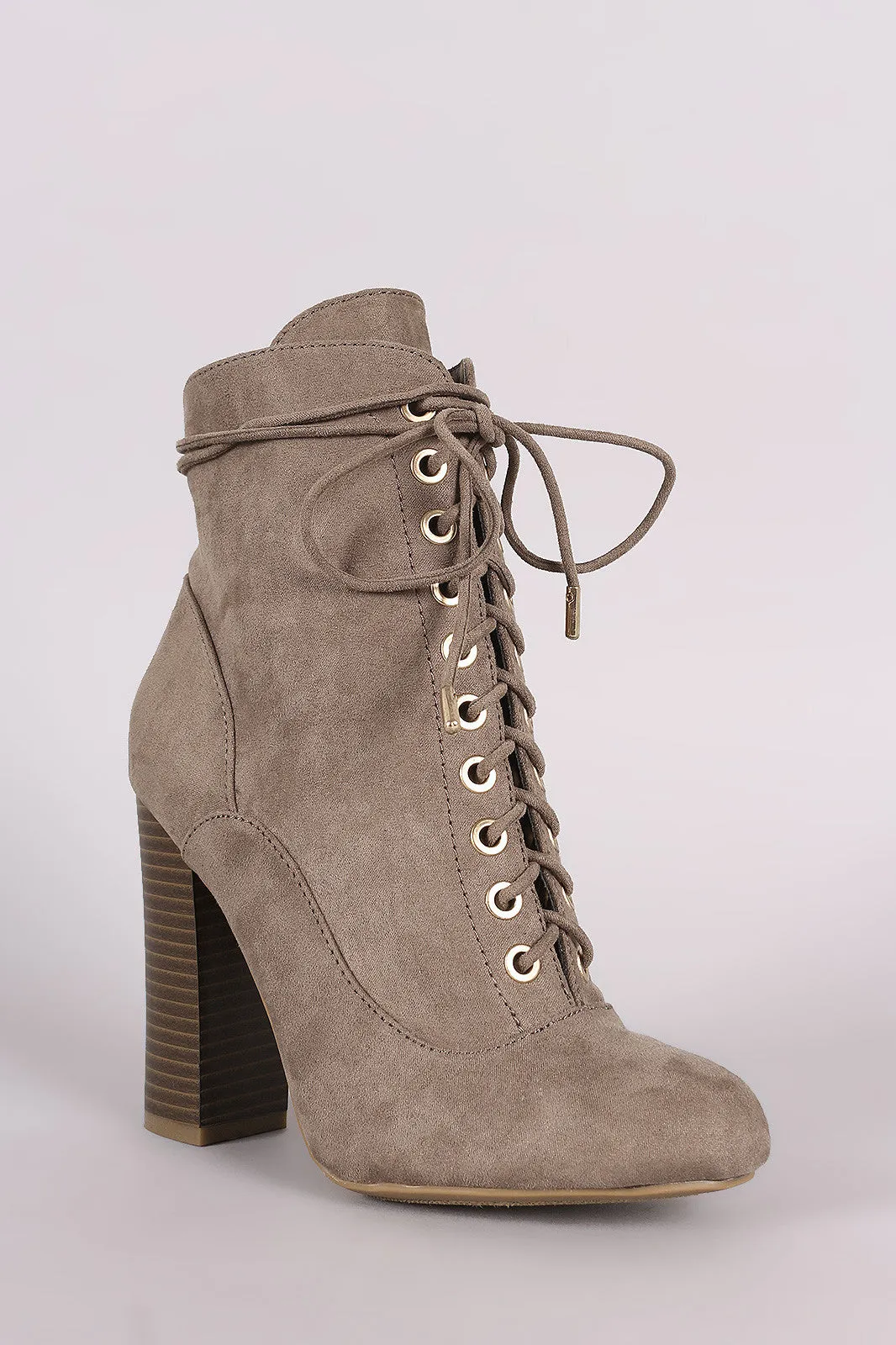 Bamboo Suede Lace Up Chunky Heeled Ankle Boots