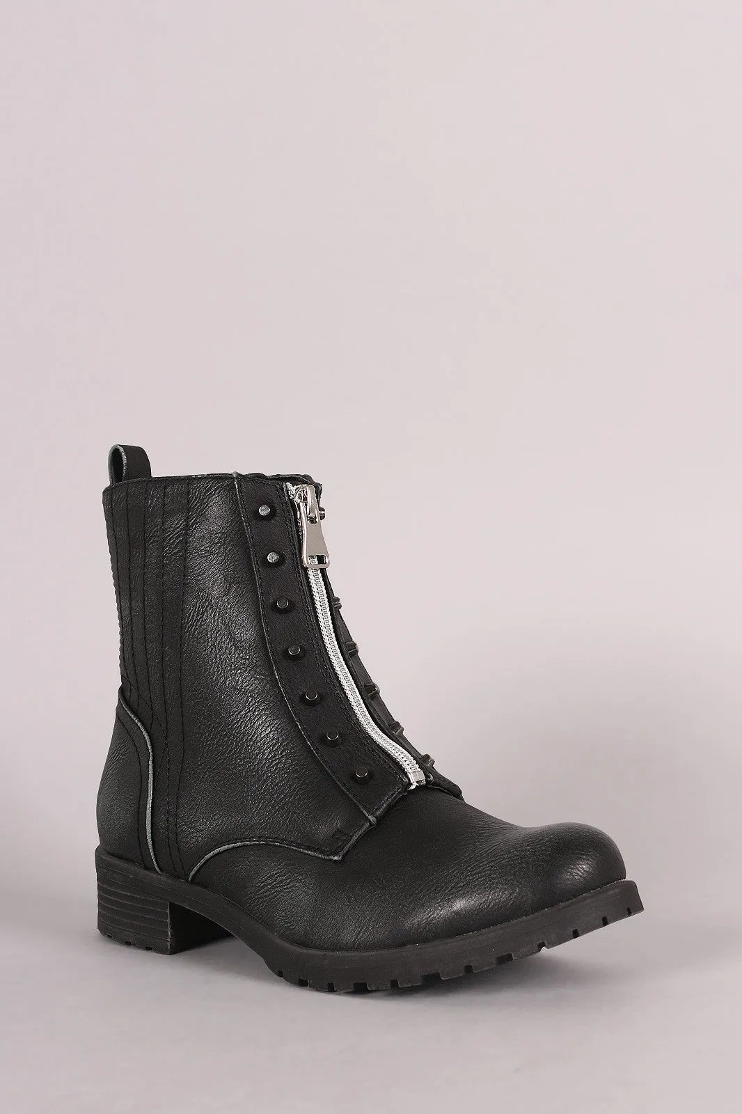 Burnished Studded Front Zip-Up Ankle Boots