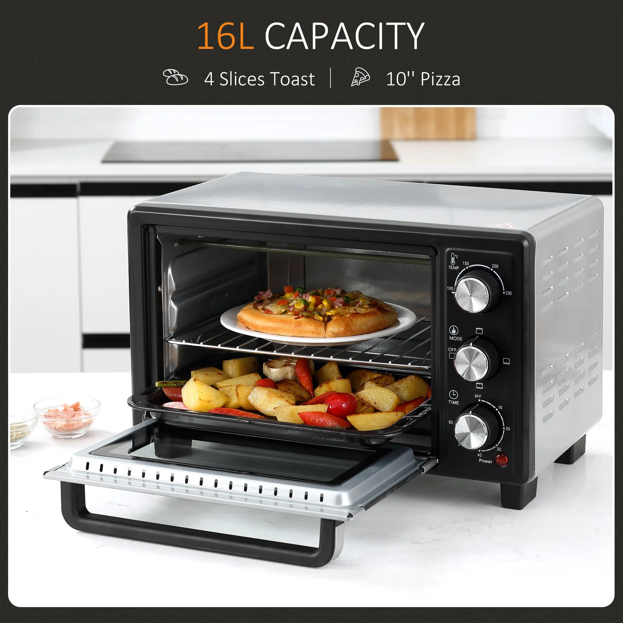 Convection Mini Oven, 16L Countertop Electric Grill, Toaster Oven with Adjustable Temperature, 60 Min Timer, Crumb Tray, Wire Rack, 1400W