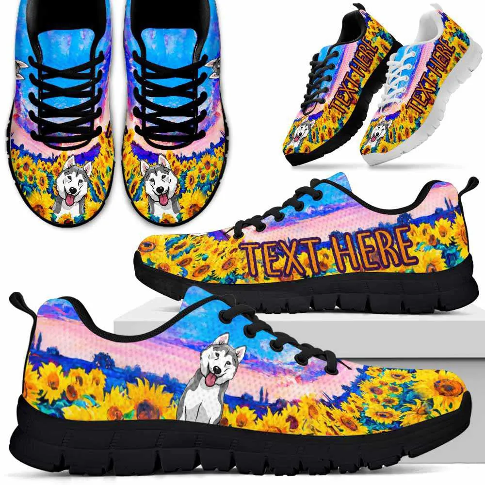 Custom Name Husky Sneaker, Husky Sunflower Sky Sneakers Running Shoes, Best Running Shoes