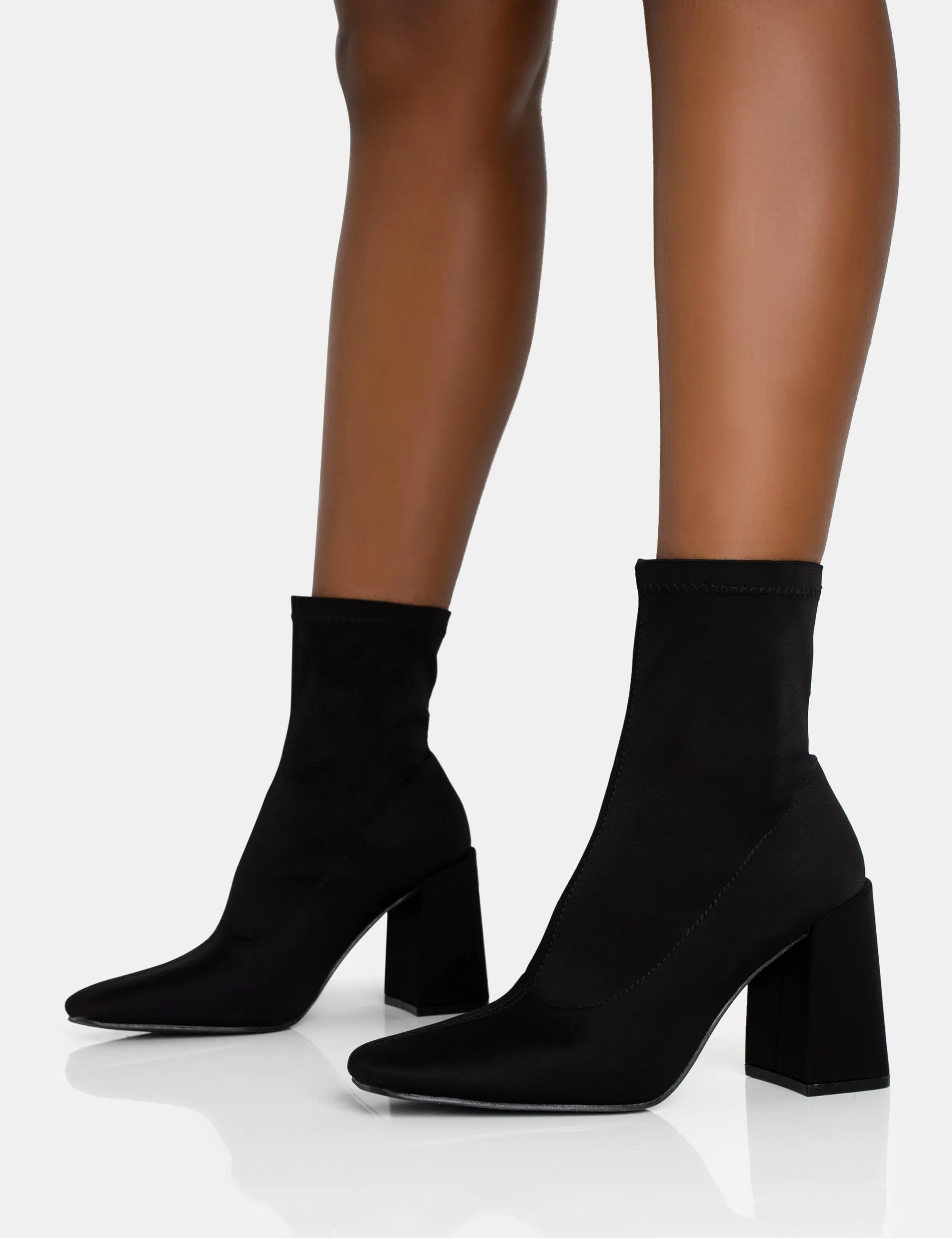 Delani Black Neoprene Zip Up Rounded Pointed Block Heel Ankle Boots