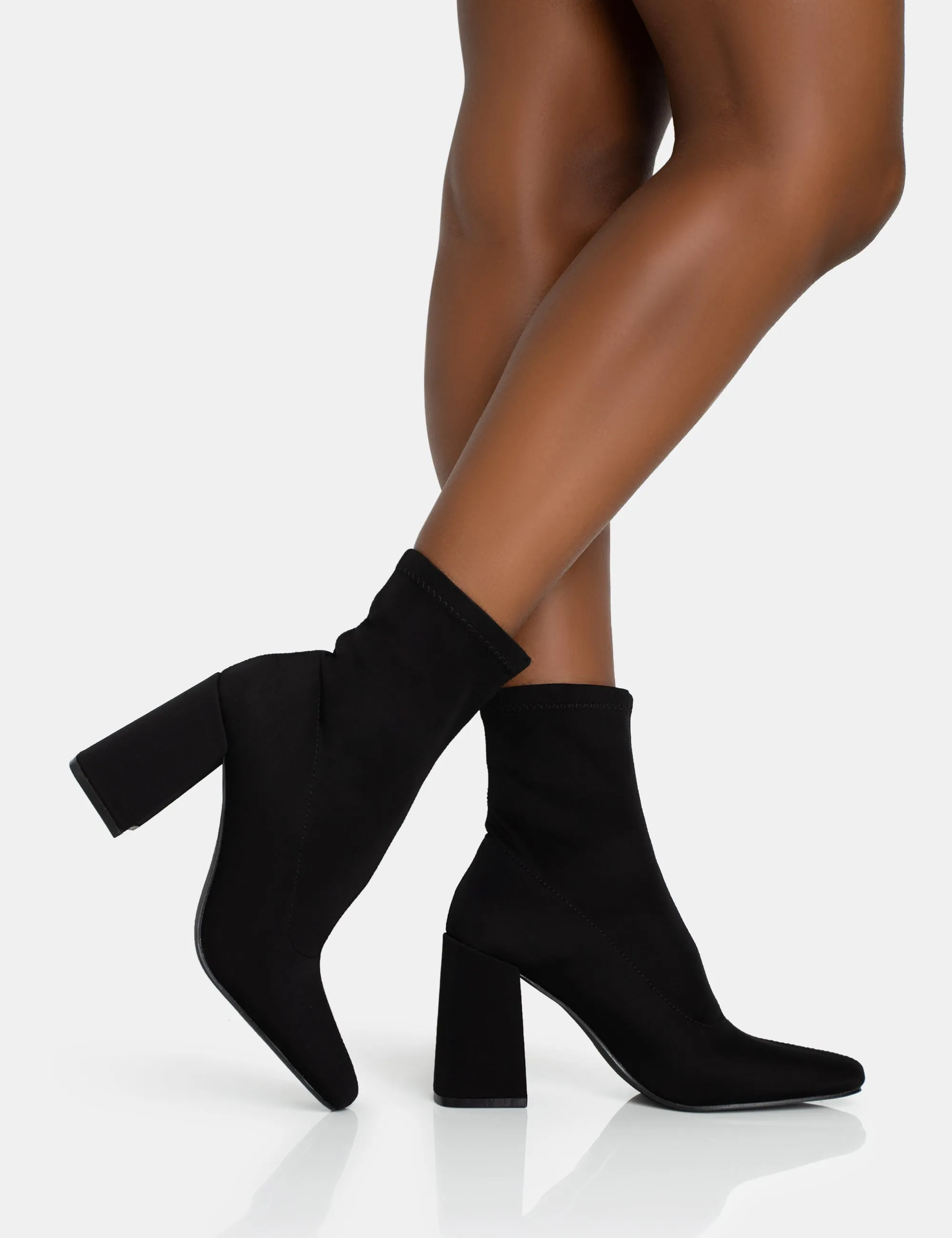 Delani Black Neoprene Zip Up Rounded Pointed Block Heel Ankle Boots