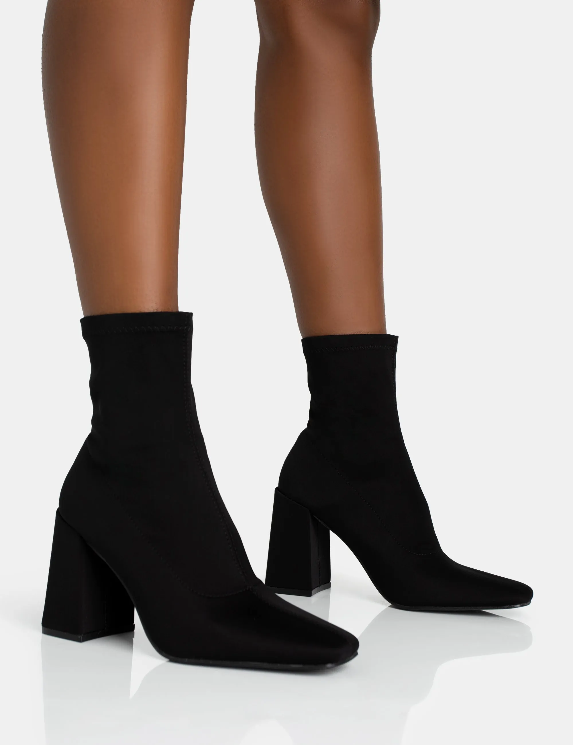 Delani Black Neoprene Zip Up Rounded Pointed Block Heel Ankle Boots