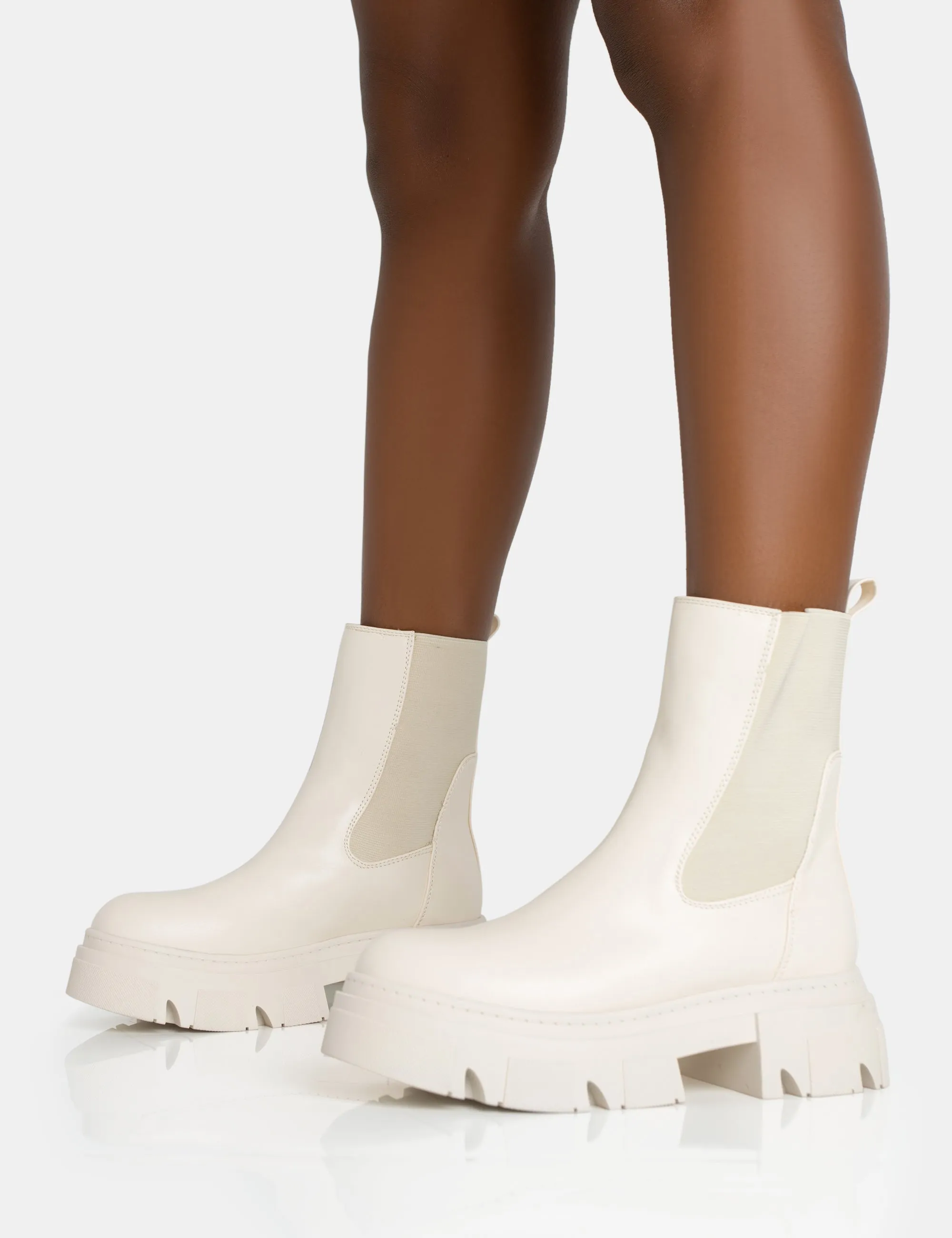 Edgy Cream Pu Elasticated Ankle Rounded Chunky Sole Ankle Boots