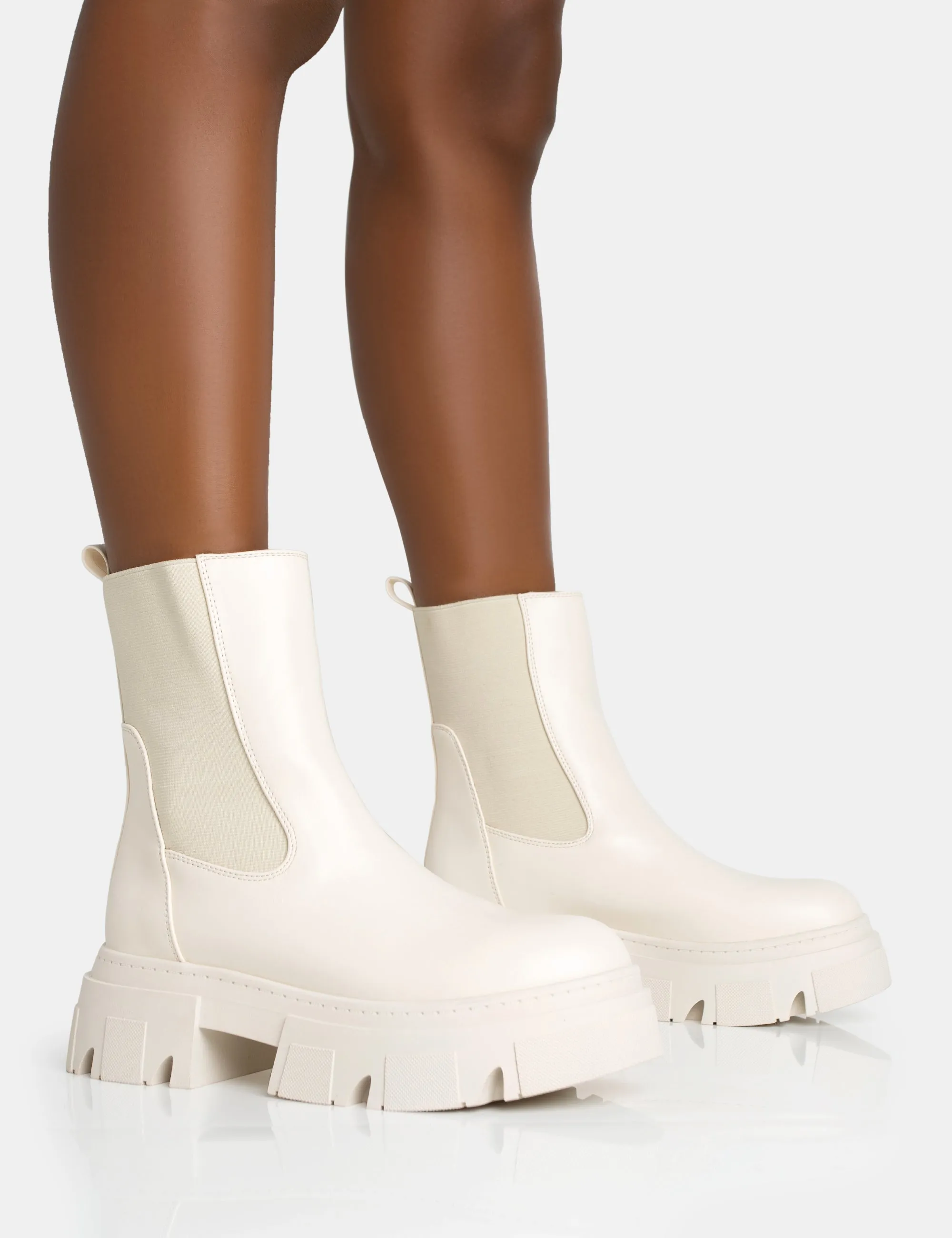 Edgy Cream Pu Elasticated Ankle Rounded Chunky Sole Ankle Boots