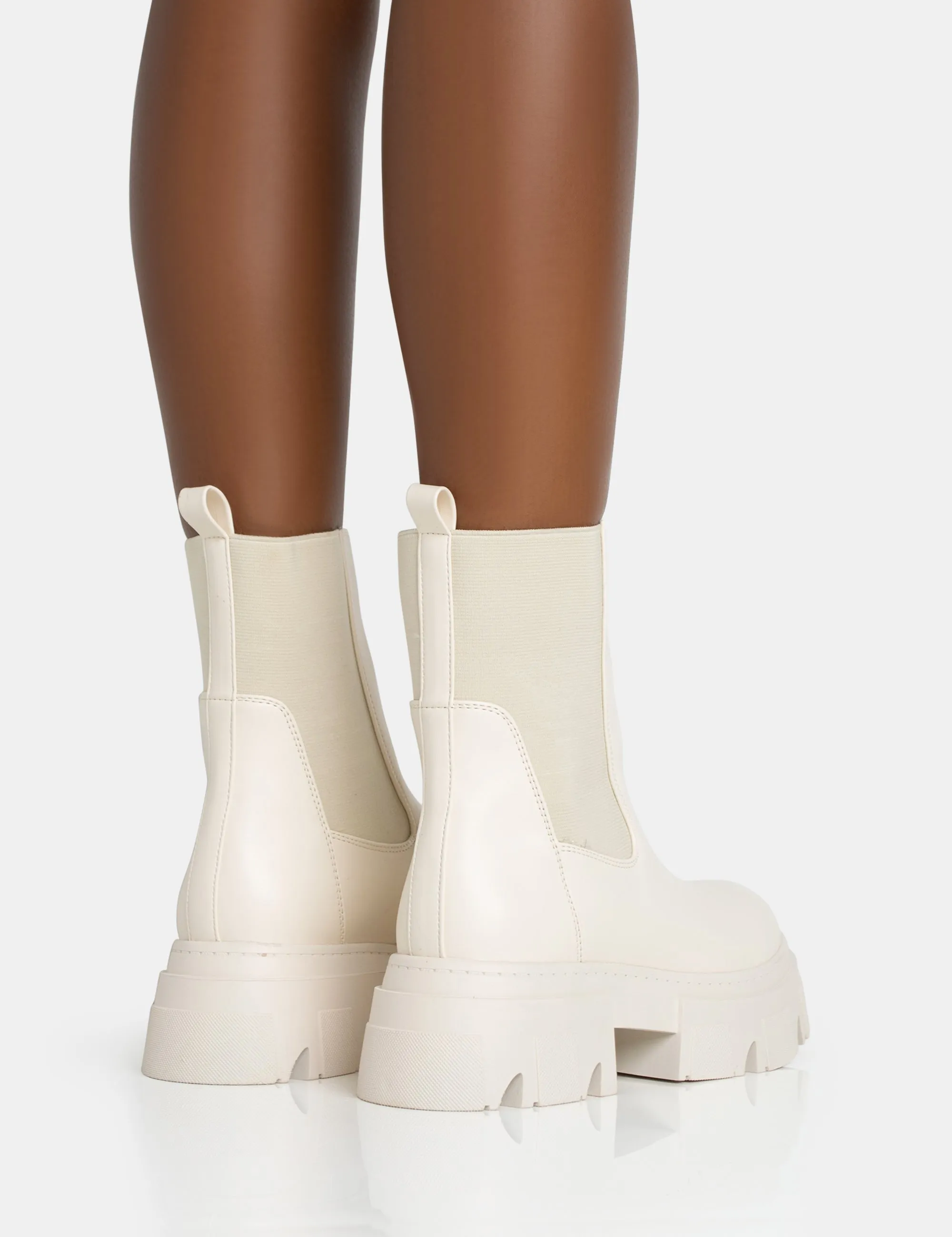 Edgy Cream Pu Elasticated Ankle Rounded Chunky Sole Ankle Boots