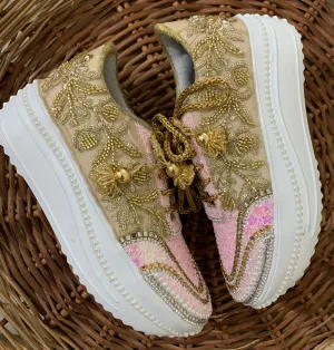 FUNKY N TRENDY baby pink and gold sneakers for brides / bridesmaids/ pink sneakers / baby pink sneakers / bridal sneakers / bridesmaid sneakers/ golden hand work sneakers