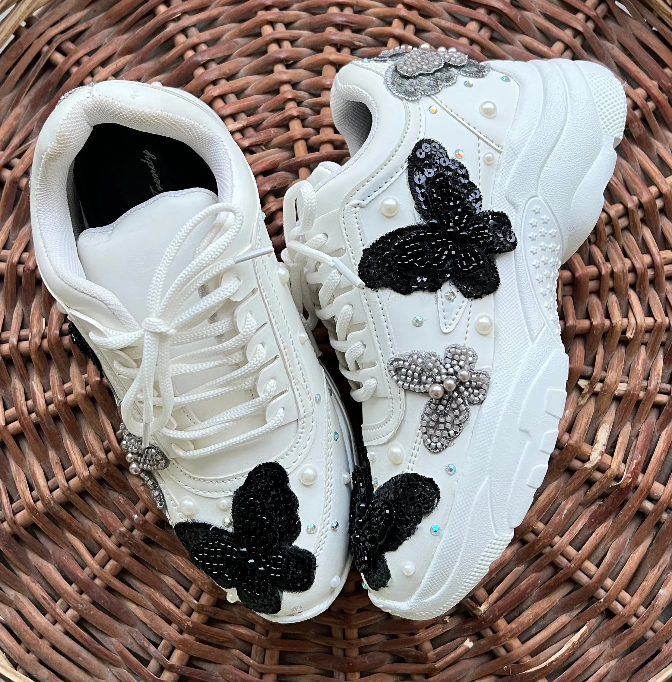 FUNKY N TRENDY black and grey butterfly embroidery sneakers for brides /white silver embroidered sneakers/ handcrafted sneakers/ butterfly sneakers / bridal sneakers / bridesmaid sneakers/ black sneakers/ grey sneaker