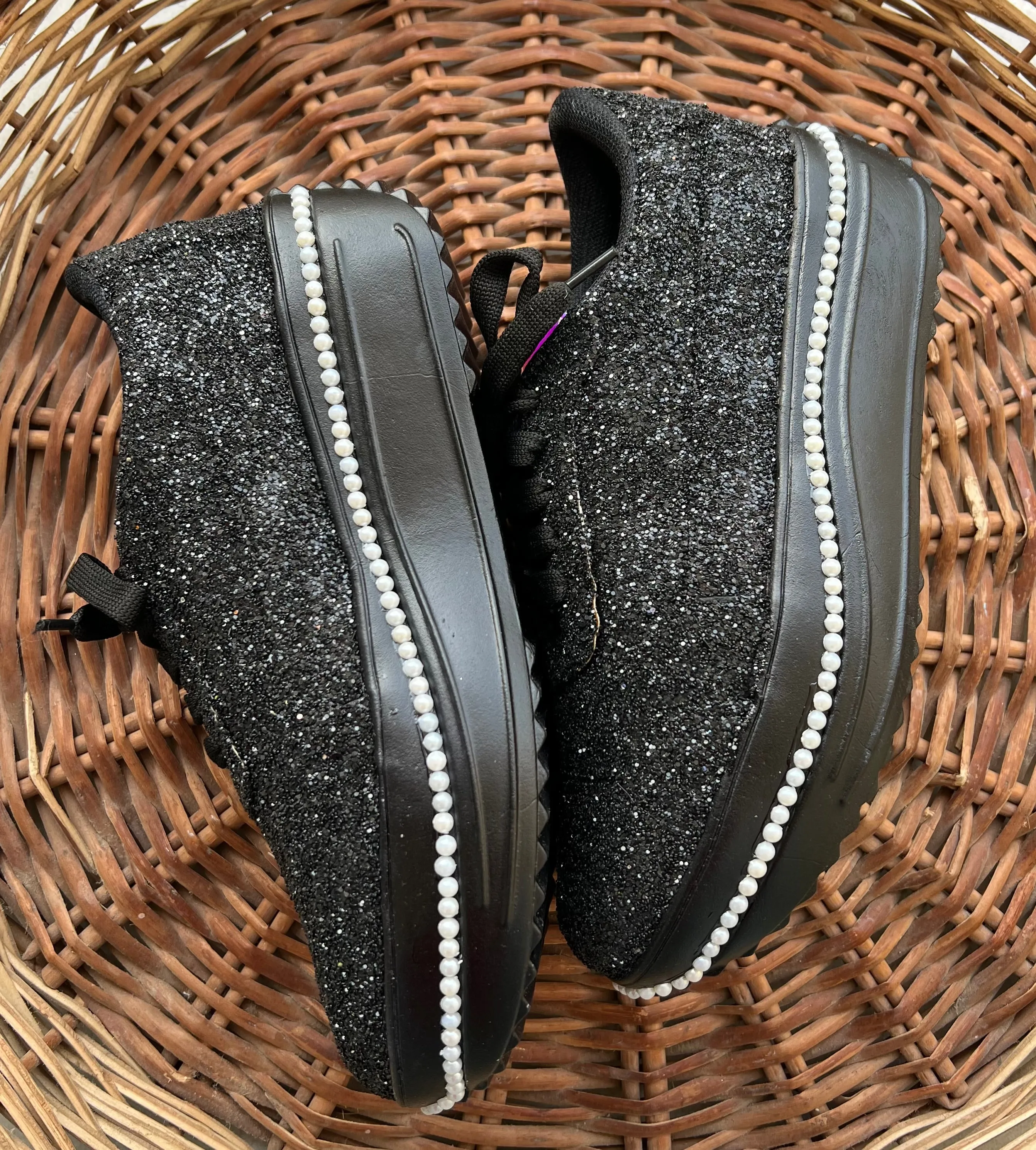 FUNKY N TRENDY black glitter heeled sneakers with pearl detailing for brides /bridesmaids / sneakers for bridesmaids/ handcrafted sneakers/ glitter sneakers / bridal sneakers / bridesmaid sneakers/ black sneakers / black shoes