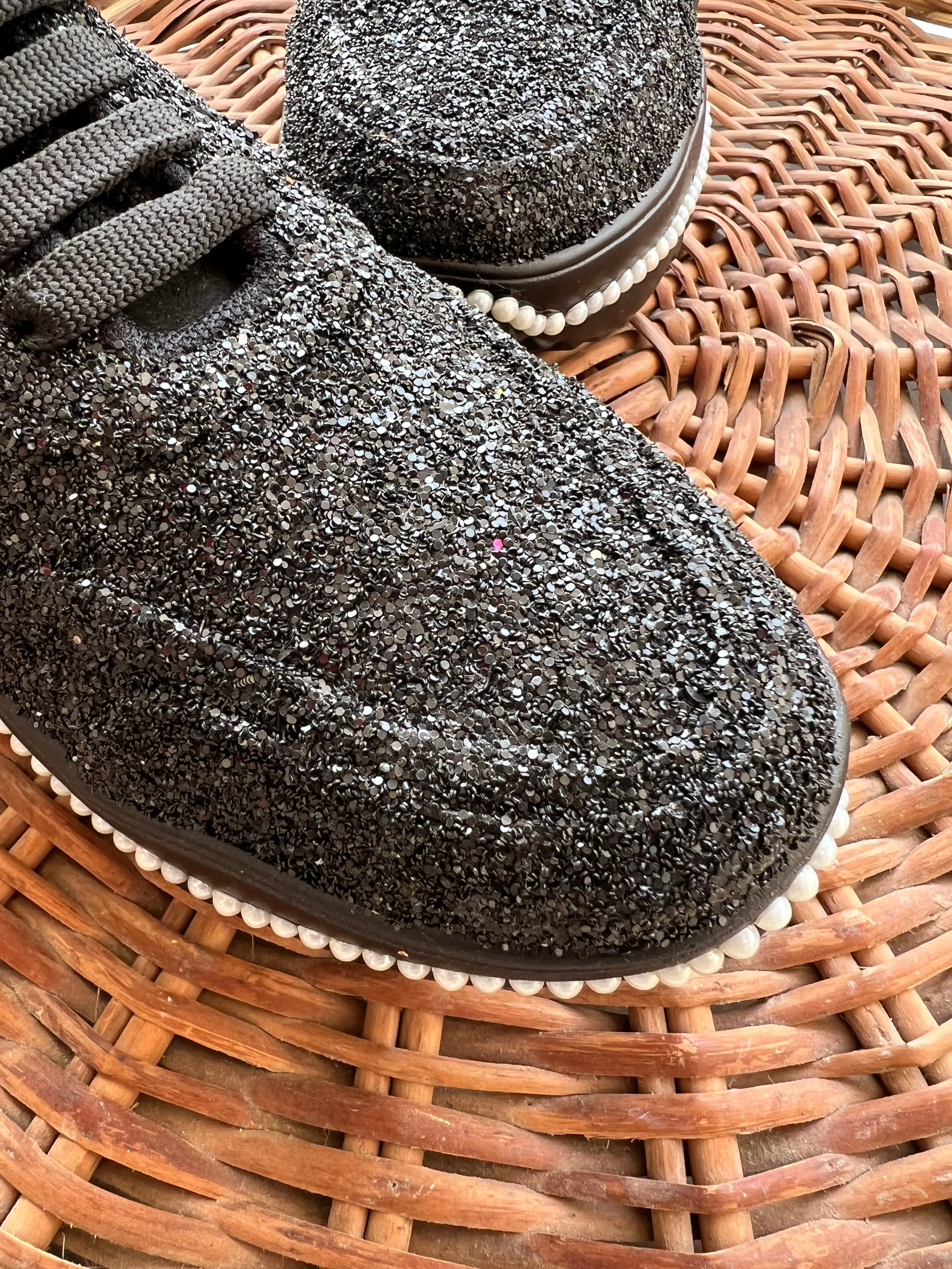 FUNKY N TRENDY black glitter heeled sneakers with pearl detailing for brides /bridesmaids / sneakers for bridesmaids/ handcrafted sneakers/ glitter sneakers / bridal sneakers / bridesmaid sneakers/ black sneakers / black shoes