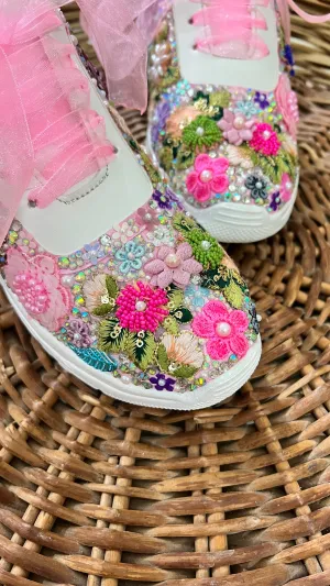 FUNKY N TRENDY fully hand crafted floral work with beads rhinestones cutdana etc /bridal sneakers / bridesmaid sneakers/ floral sneakers /colorful sneakers /bridal shoes / haldi mahendi shoes/ multi color shoes / pink sneakers