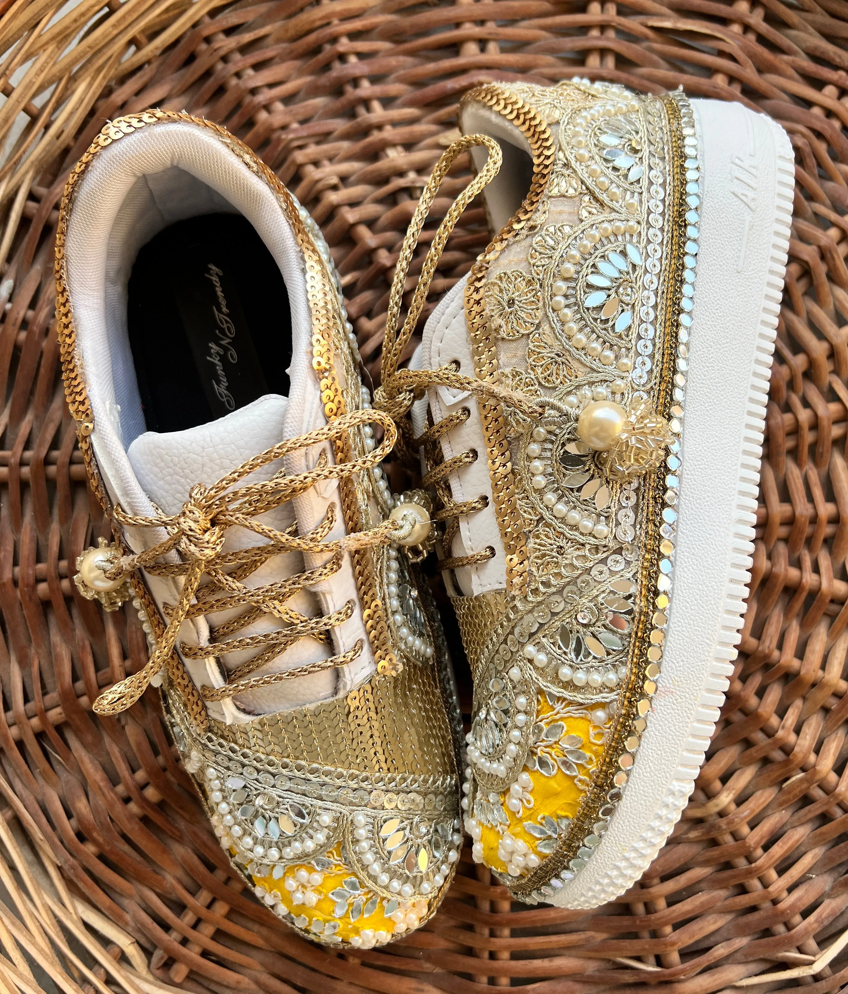 FUNKY N TRENDY gold and yellow sneakers for brides / yellow sneakers for bridesmaids/ gold sneakers / bridal sneakers / bridesmaid sneakers/ golden hand work sneakers/ yellow shoes / haldi sneakers