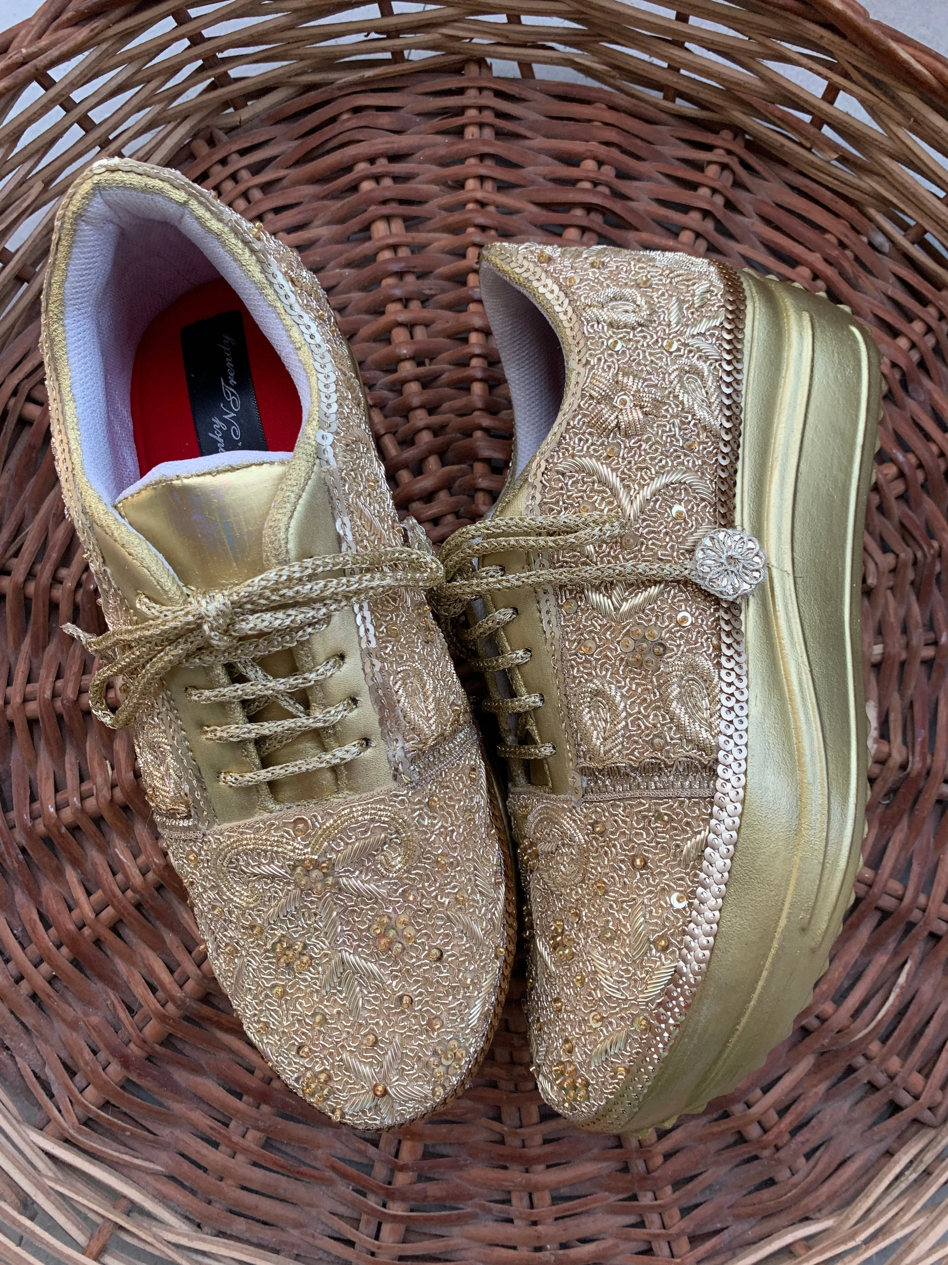 FUNKY N TRENDY gold intricate hand embroidered sneakers for brides /bridesmaids / sneakers for bridesmaids/ handcrafted sneakers/ sequine sneakers / bridal sneakers / bridesmaid sneakers/ ivory sneakers /embroidered shoes/ zardozi sneakers