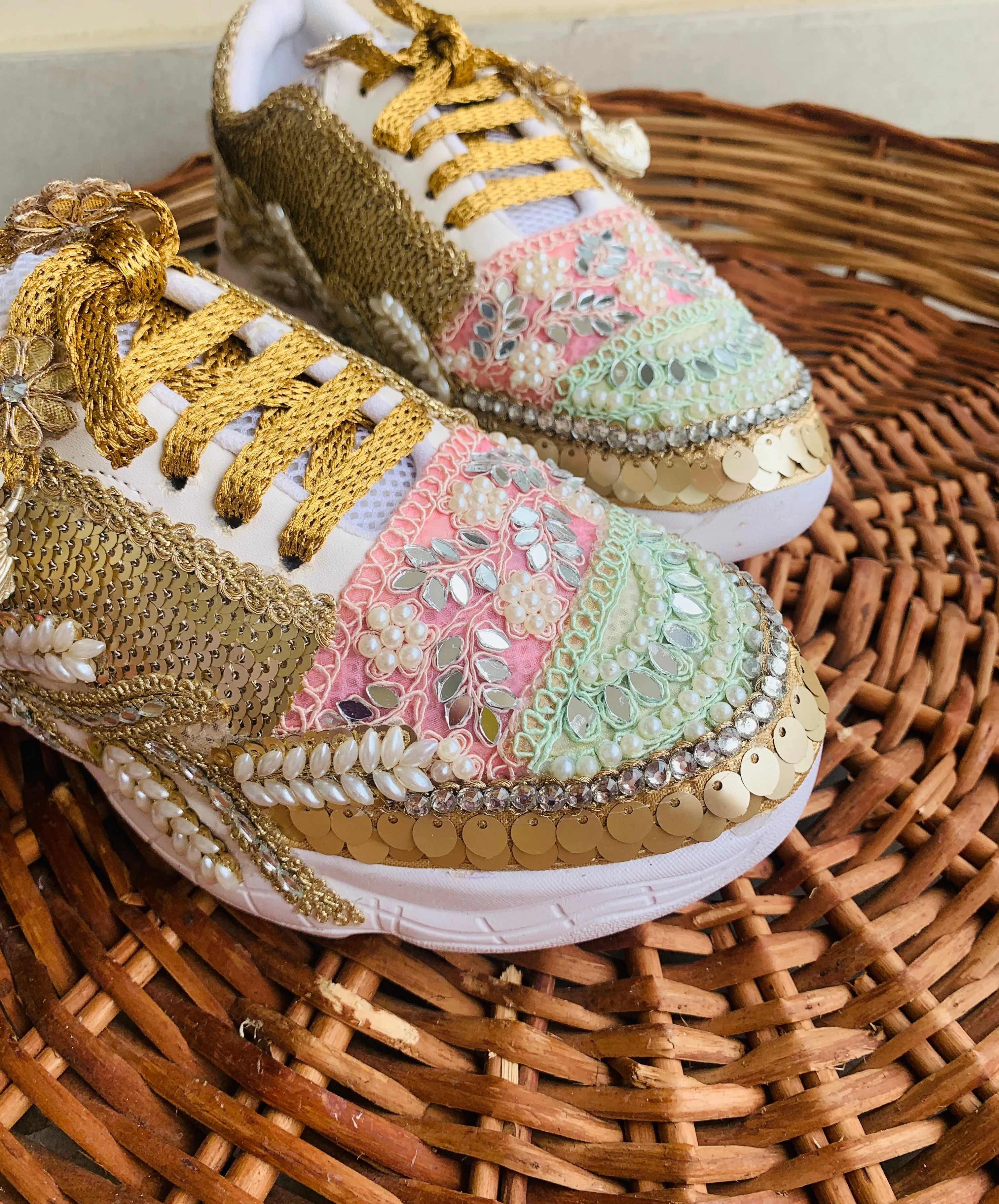 FUNKY N TRENDY hand crafted golden bridal sneakers / gold sneakers / pastel sneakers / embroidery sneakers / sneakers for bride/ embroidered pastel theme sneakers