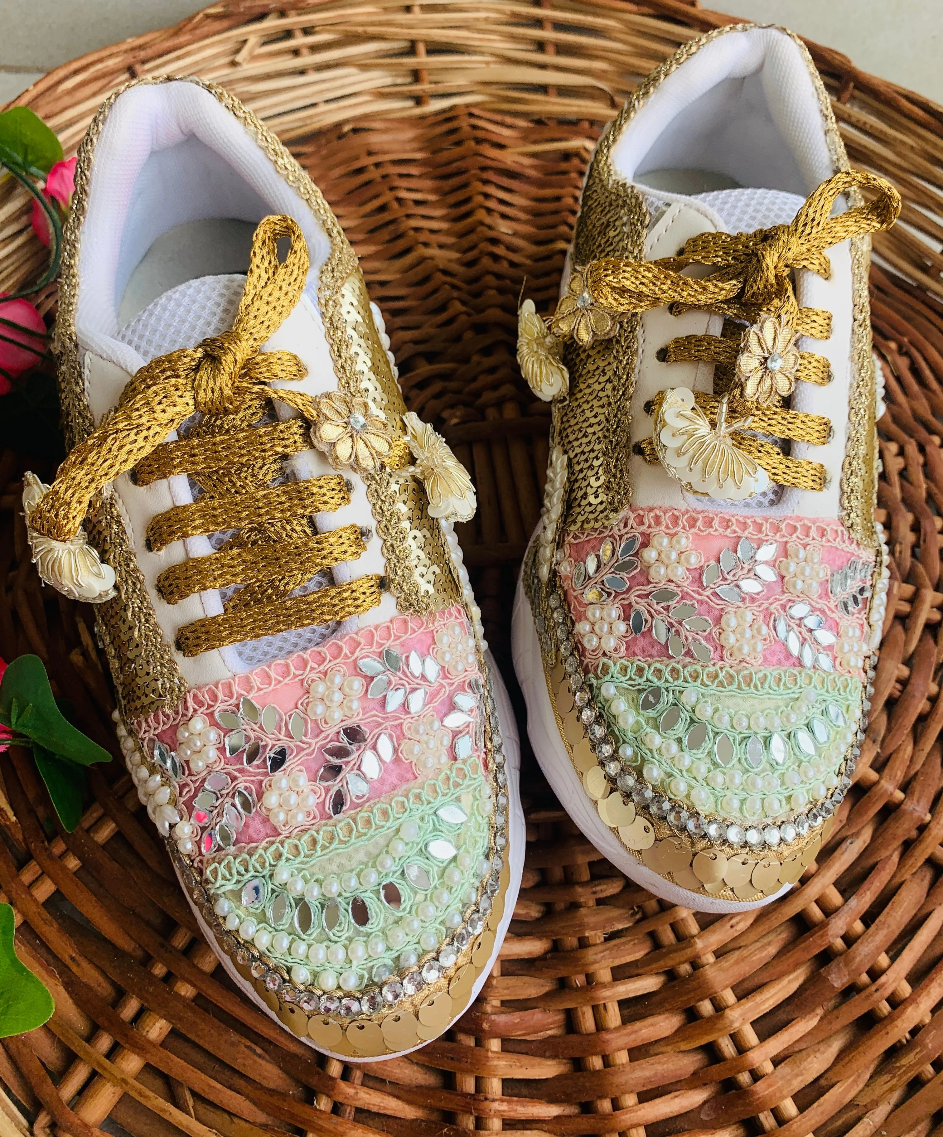 FUNKY N TRENDY hand crafted golden bridal sneakers / gold sneakers / pastel sneakers / embroidery sneakers / sneakers for bride/ embroidered pastel theme sneakers