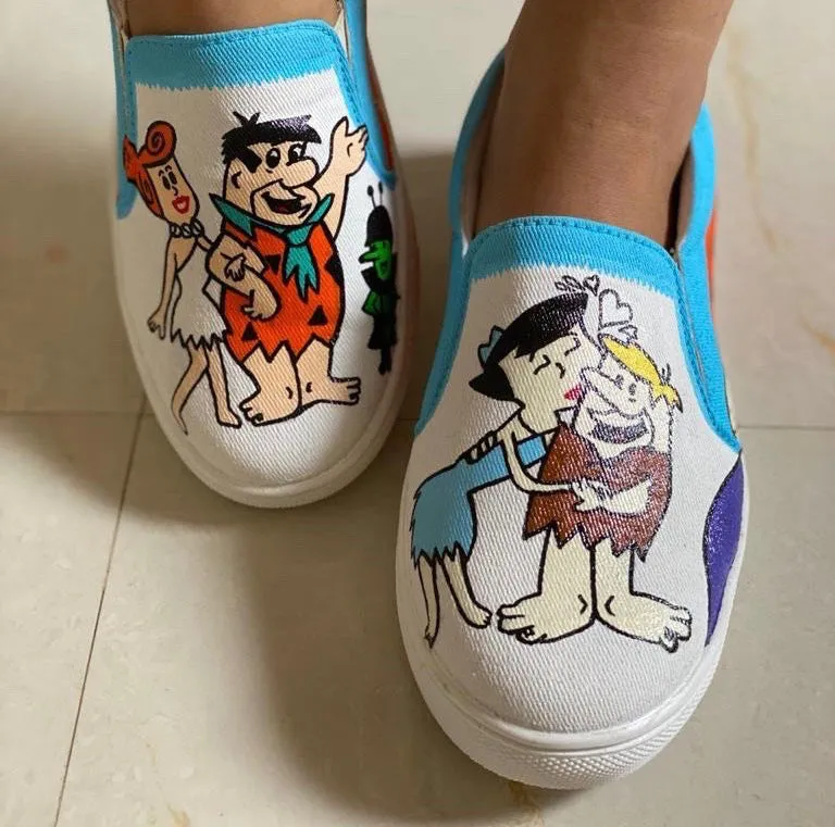 Funky N Trendy hand painted water resistant Flintstones theme white shoes/ white shoes / blue shoes / funky shoes