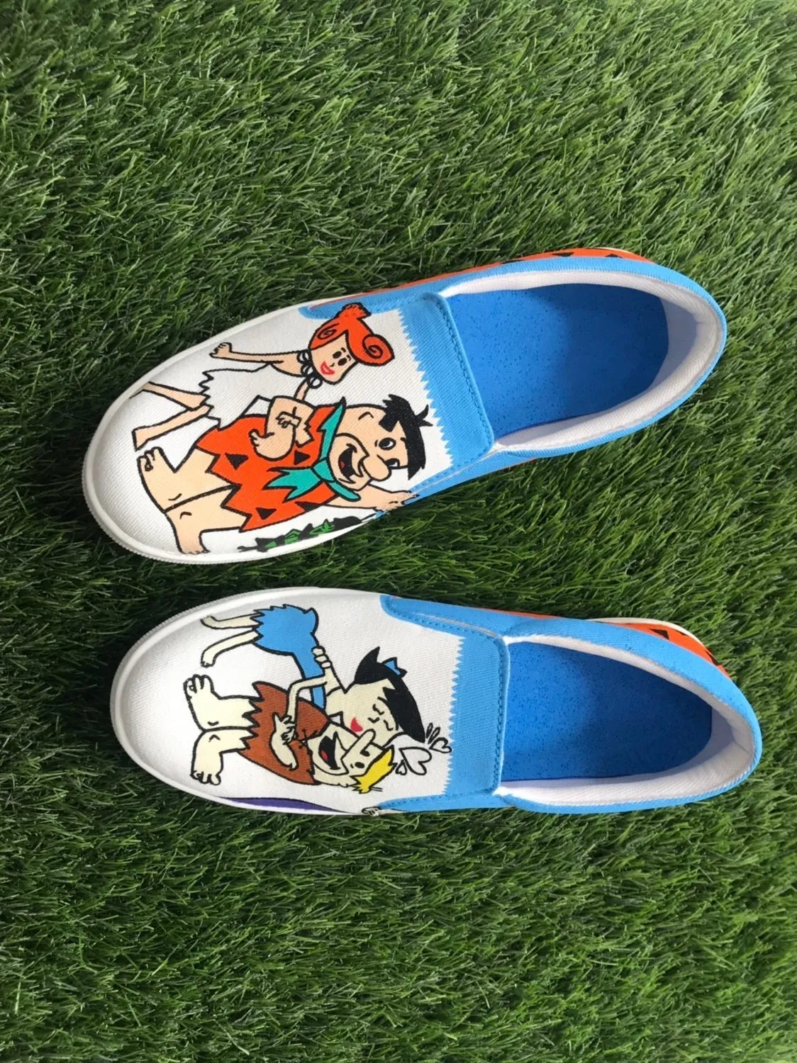 Funky N Trendy hand painted water resistant Flintstones theme white shoes/ white shoes / blue shoes / funky shoes