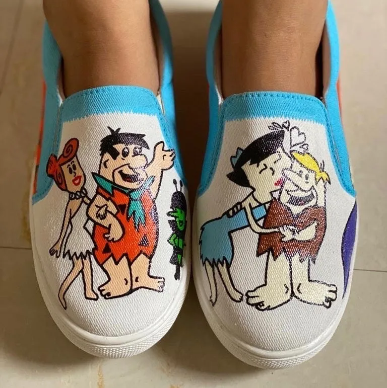 Funky N Trendy hand painted water resistant Flintstones theme white shoes/ white shoes / blue shoes / funky shoes