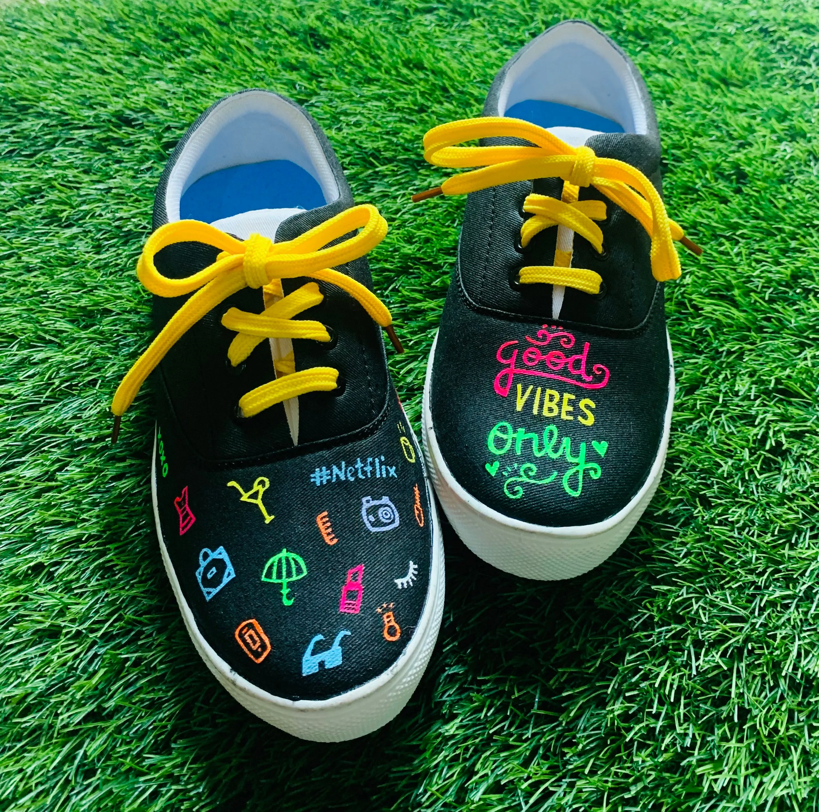 Funky N Trendy hand painted water resistant Good vibes only theme black casual shoes