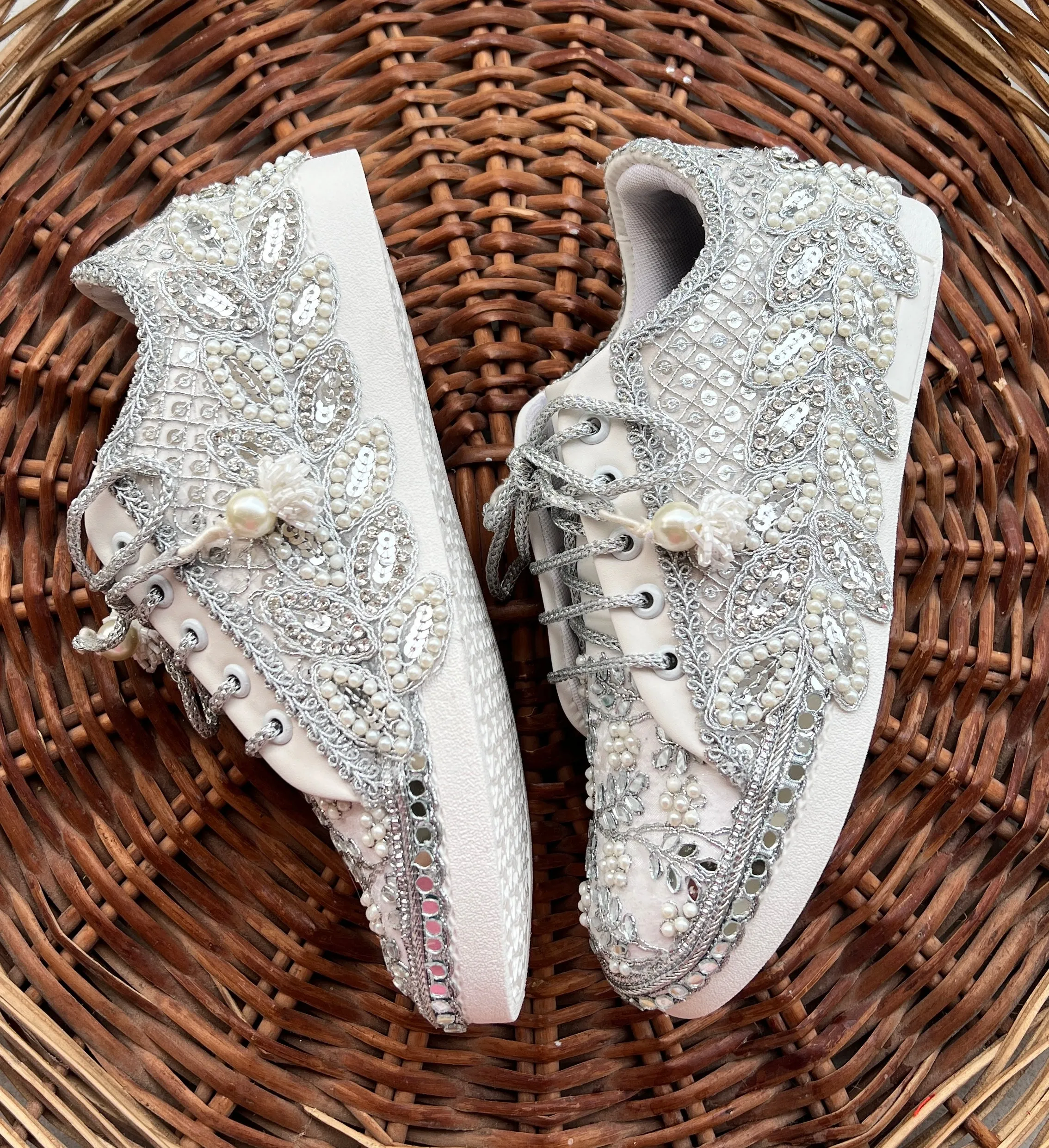 FUNKY N TRENDY hand work bridal sneakers / bridesmaid sneakers/ silver sneakers / silver shoes/mirror sneakers mirror shoes/ bride shoes/ embroidered shoes