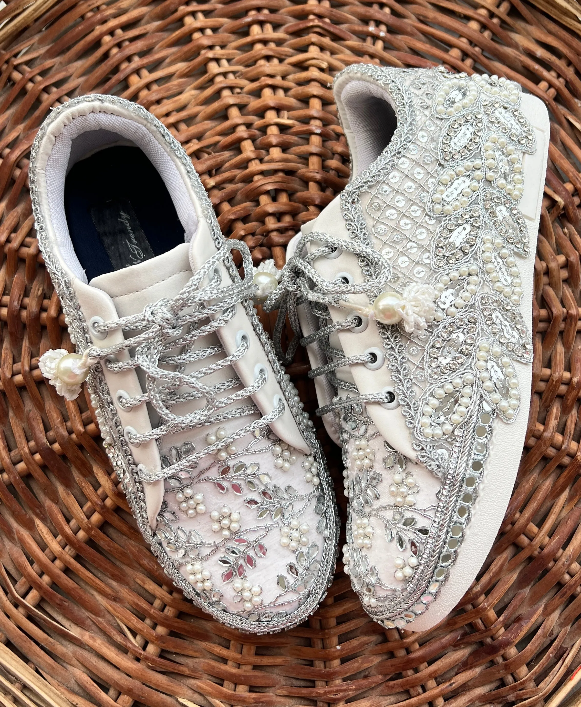 FUNKY N TRENDY hand work bridal sneakers / bridesmaid sneakers/ silver sneakers / silver shoes/mirror sneakers mirror shoes/ bride shoes/ embroidered shoes