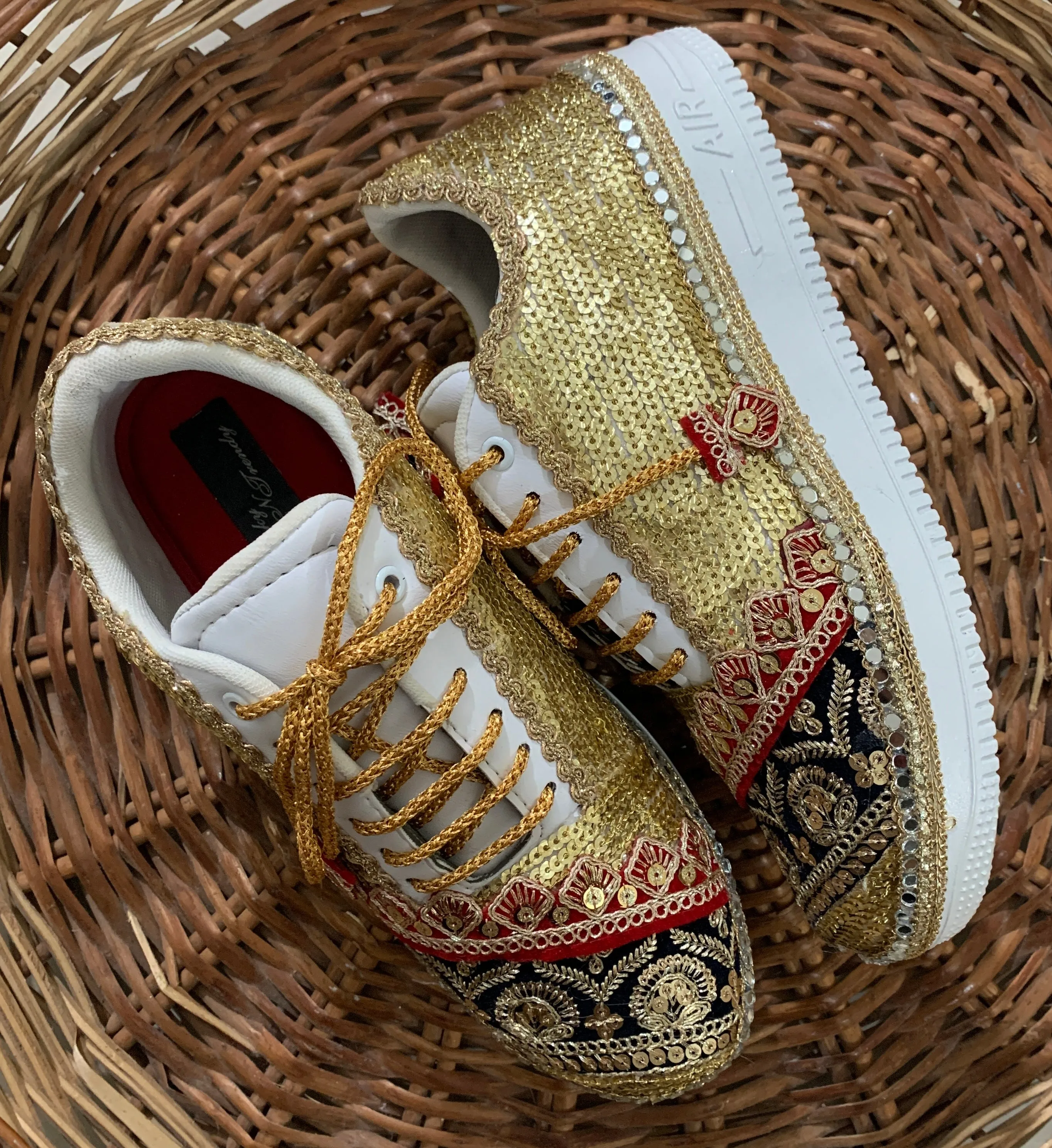 FUNKY N TRENDY handcrafted golden sequine work bridal sneakers / bridesmaid sneakers/ gold sneakers / golden sneakers / sequine work sneakers/ red sneakers / red and blue sneakers