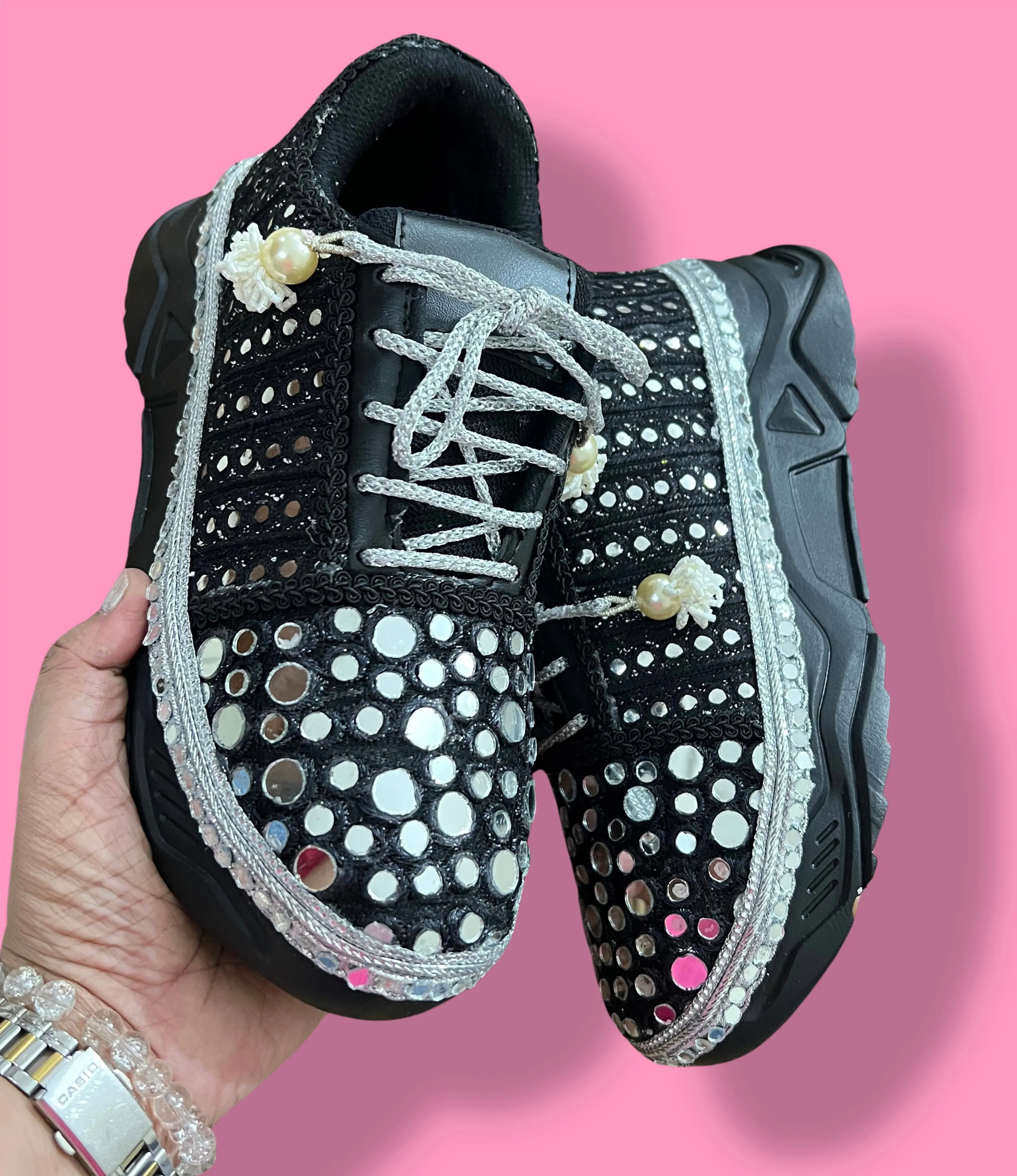 Funky N Trendy handcrafted mirror work bridal sneakers/ bridesmaid sneaker / black sneakers /black boho sneakers/ black shoes/ mirror sneakers