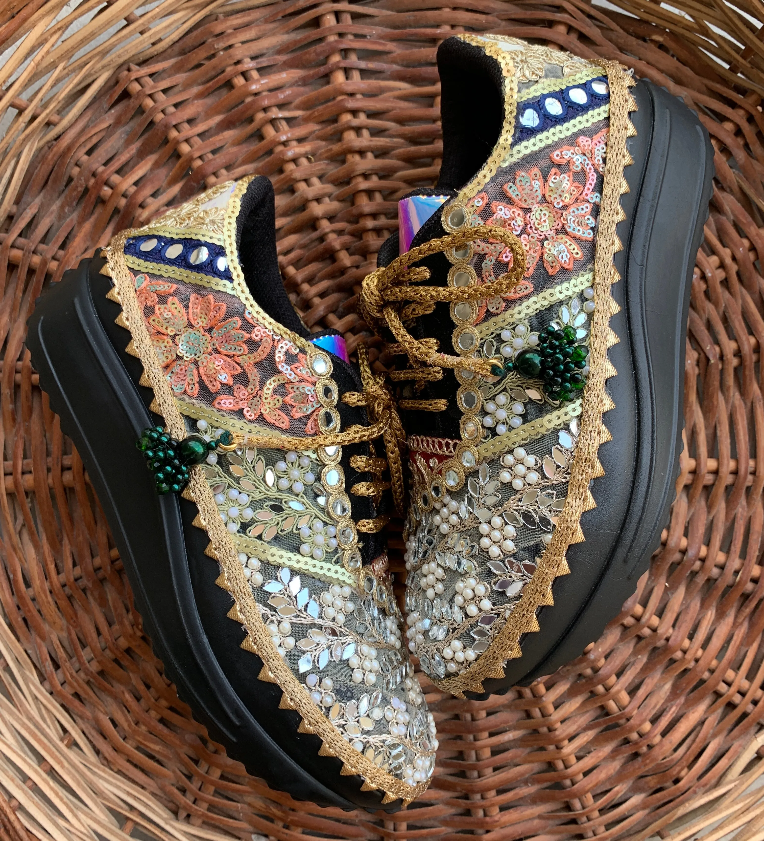 Funky N Trendy handcrafted multicolored gottapatti with mirror work bridal sneakers/ bridesmaid sneaker / golden sneakers /black boho sneakers