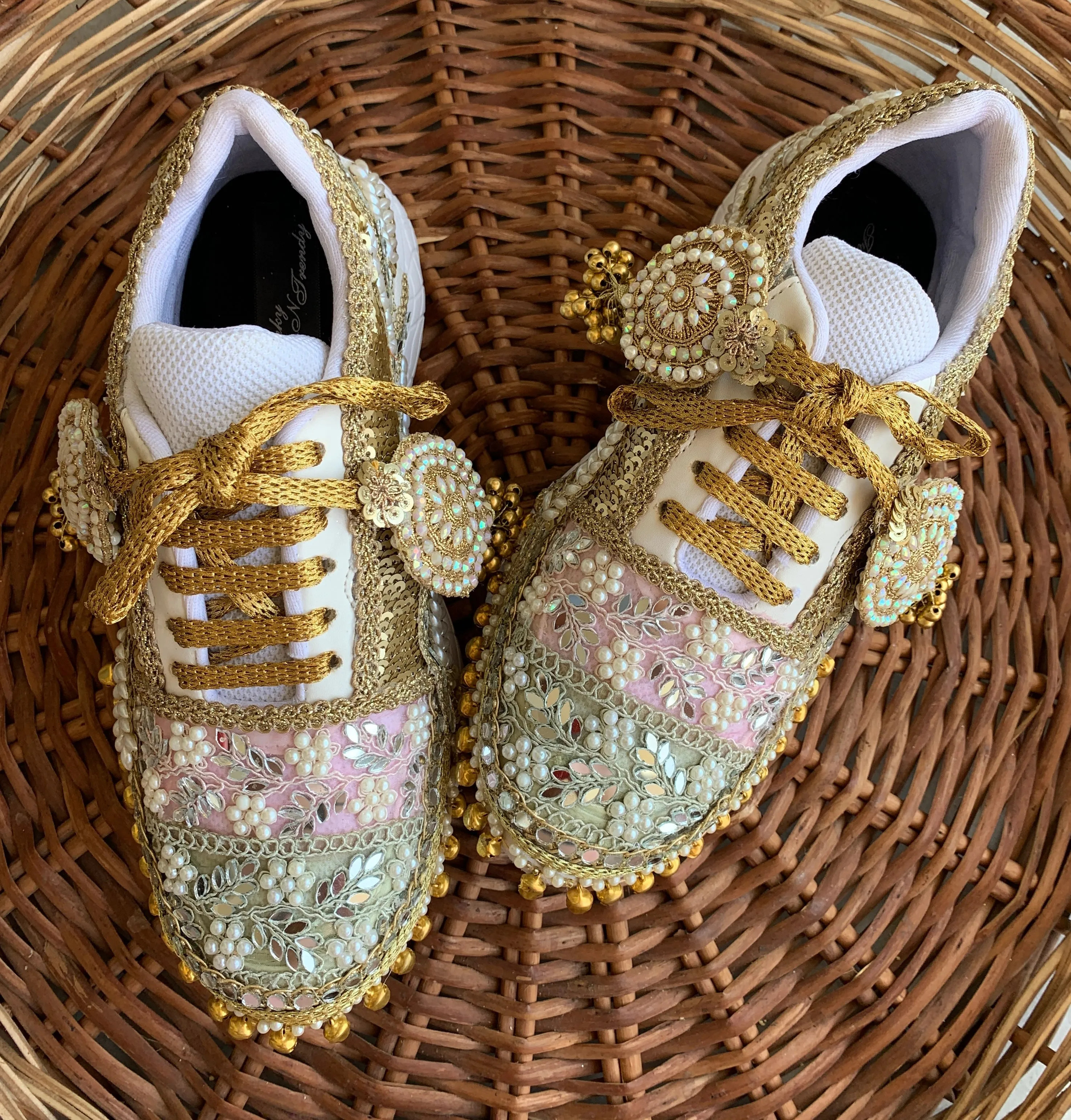 FUNKY N TRENDY pastel sneakers for brides /pink and green embroidered sneakers/ handcrafted sneakers/ golden sneakers / bridal sneakers / bridesmaid sneakers/ golden hand work sneakers/ghungaroo sneakers