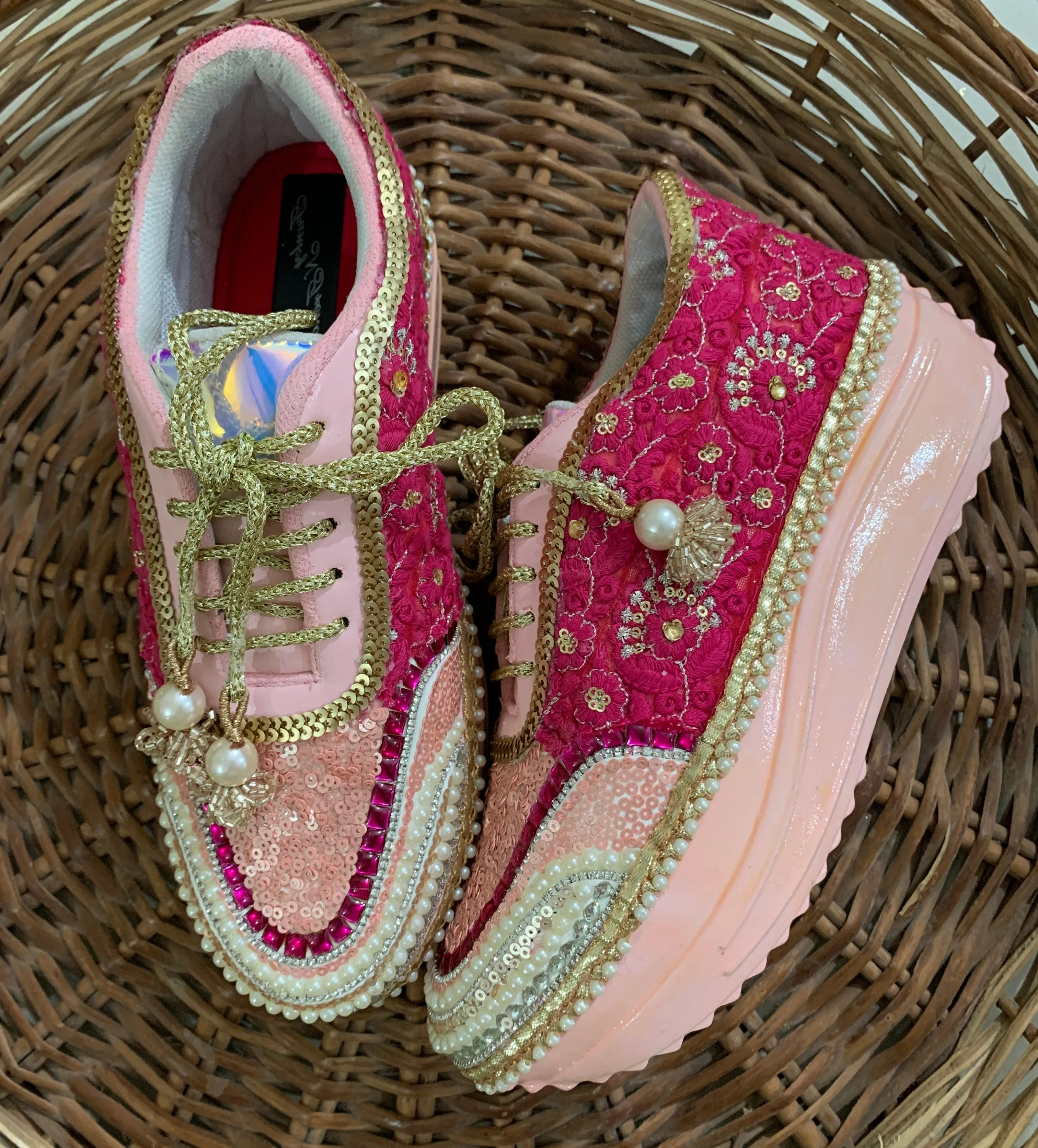 FUNKY N TRENDY peach/pink / pink embroidery sneakers with pearls detailing for brides / bridesmaids with custom couple name initials/ pink shoes / peach shoes/ rani color sneakers