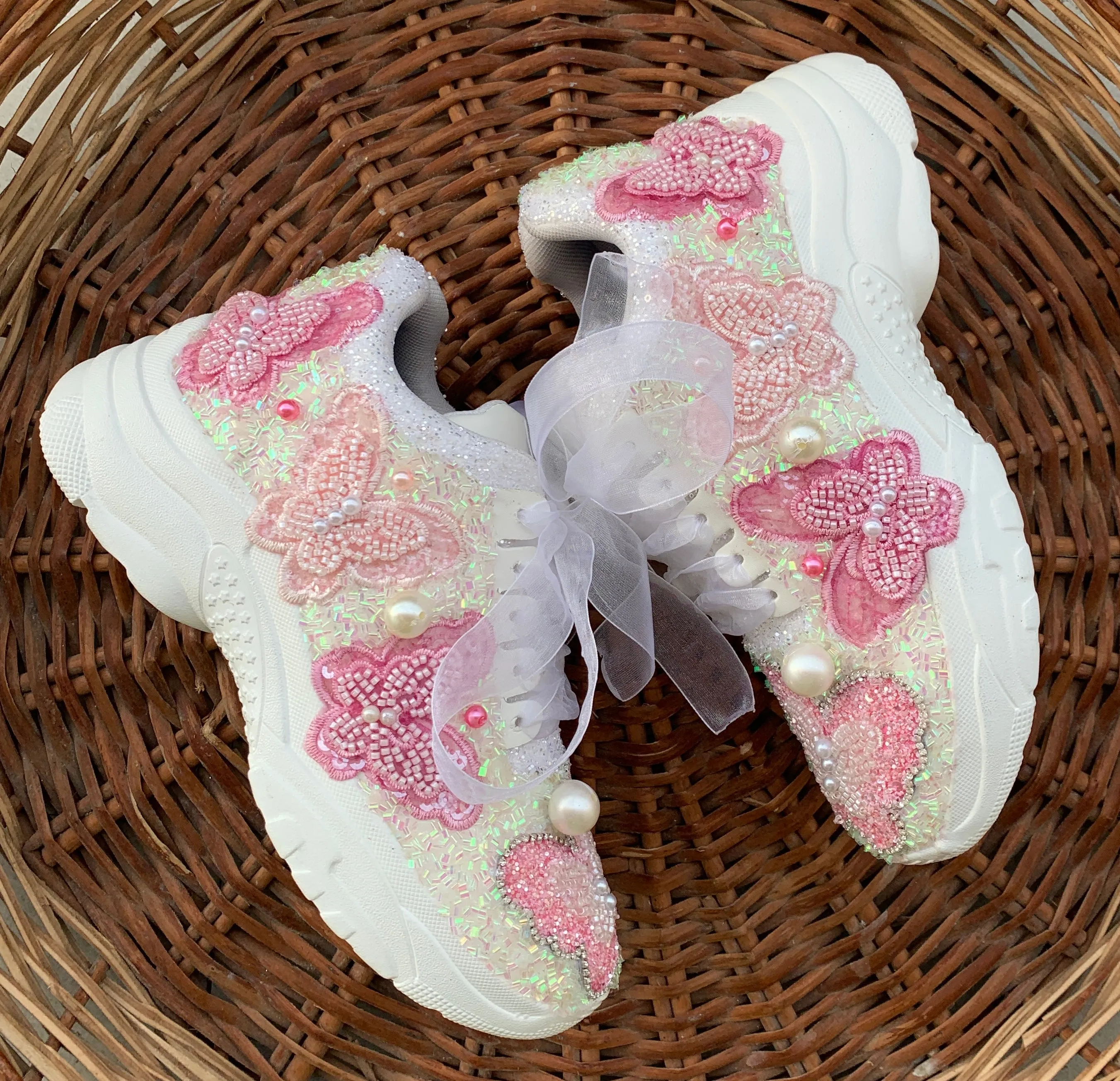 FUNKY N TRENDY pink butterfly embroidery sneakers for brides /pink embroidered sneakers/ handcrafted sneakers/ butterfly sneakers / bridal sneakers / bridesmaid sneakers/ pink and lavender hand work sneakers/lavender shoes