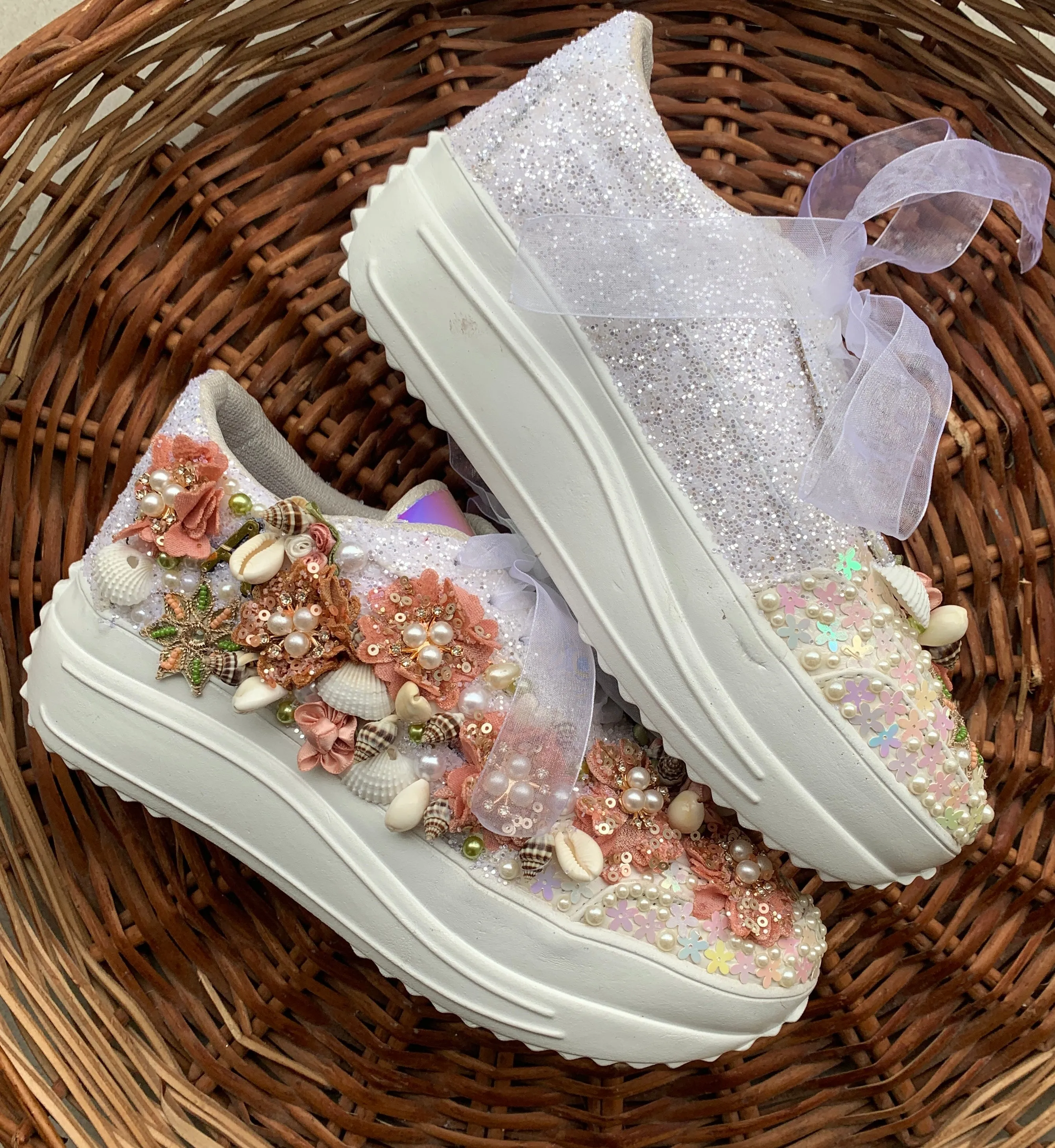 FUNKY N TRENDY tan peach floral theme sneakers with shells pearls detailing for brides / bridesmaids with custom couple name initials/ rose gold sneakers