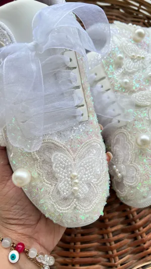 FUNKY N TRENDY white butterfly embroidery sneakers for brides /white silver embroidered sneakers/ handcrafted sneakers/ butterfly sneakers / bridal sneakers / bridesmaid sneakers/ silver and white hand work sneakers