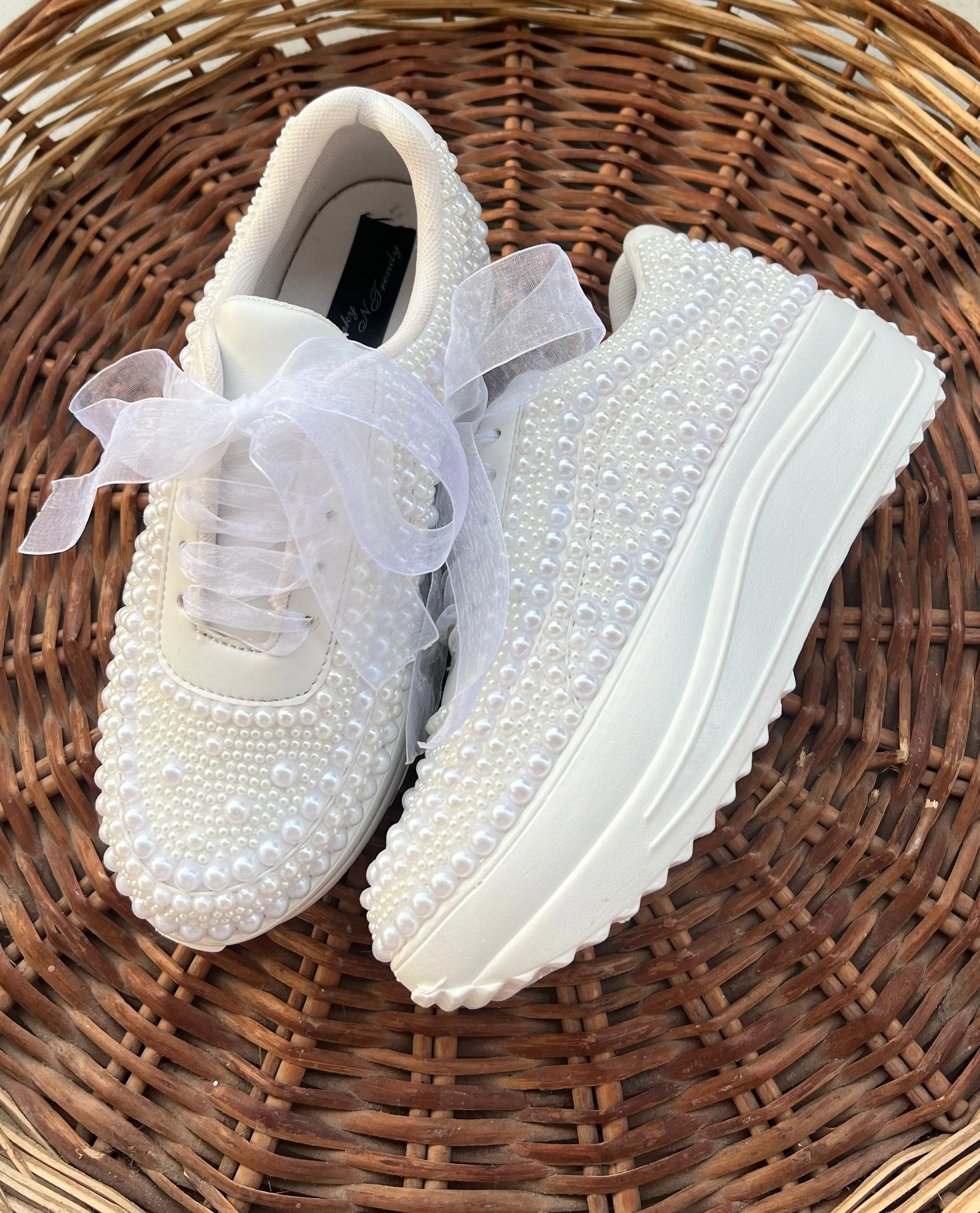 Funky N Trendy white pearl hand work sneakers / bridal sneakers/ sneaker for bride / white sneakers/ pearl sneakers for bride/ bridesmaid sneakers / pearls sneakers