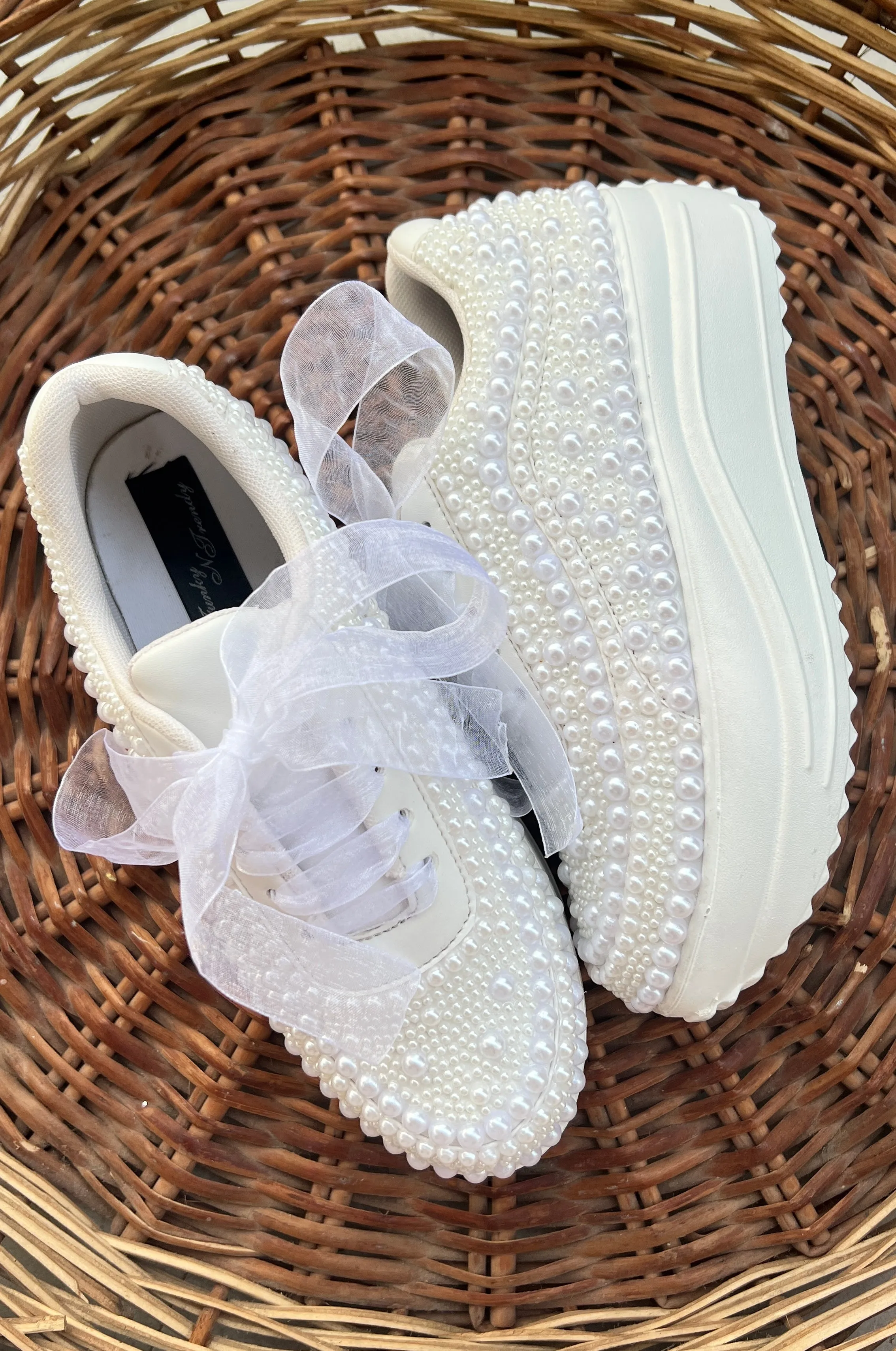 Funky N Trendy white pearl hand work sneakers / bridal sneakers/ sneaker for bride / white sneakers/ pearl sneakers for bride/ bridesmaid sneakers / pearls sneakers