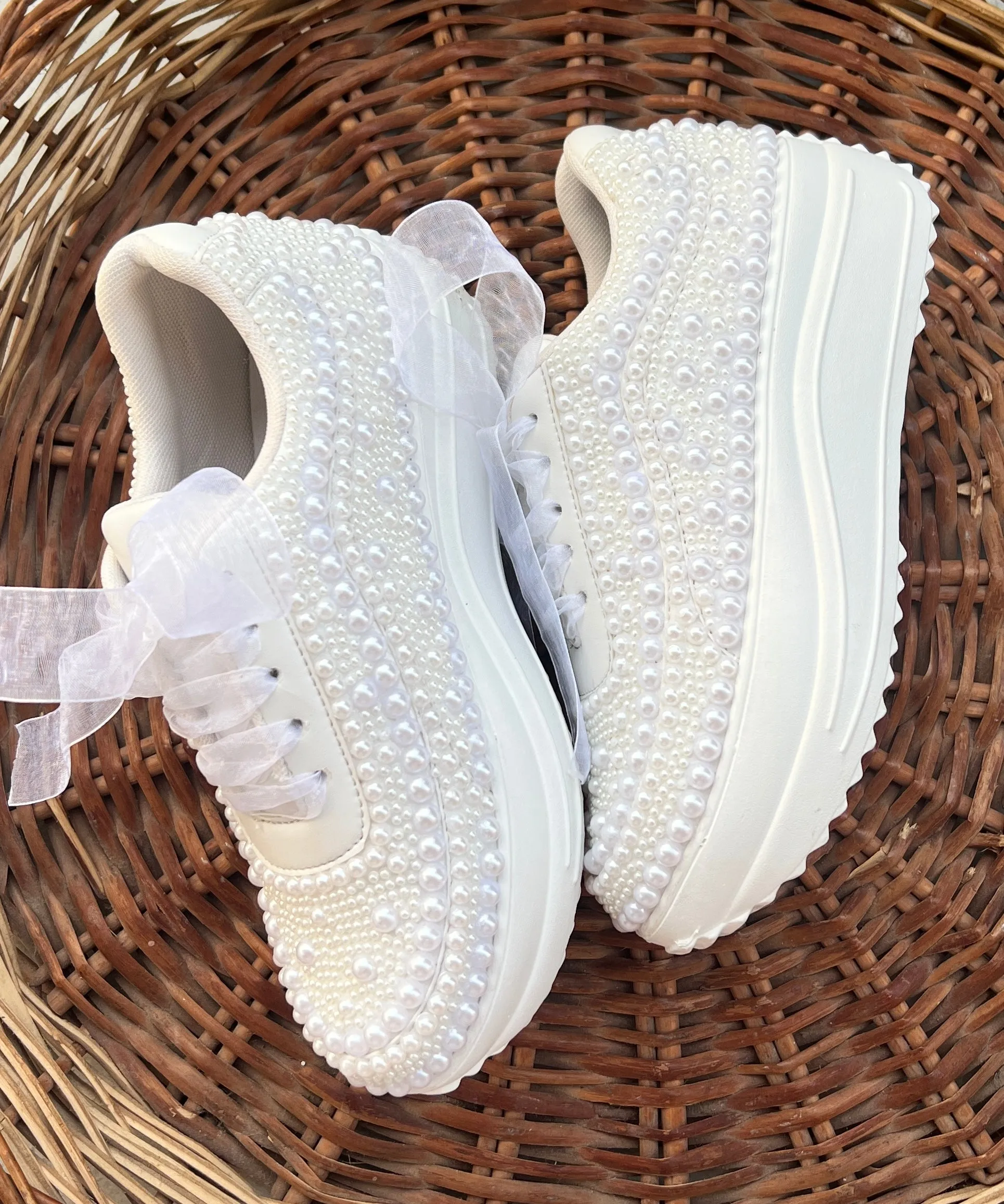 Funky N Trendy white pearl hand work sneakers / bridal sneakers/ sneaker for bride / white sneakers/ pearl sneakers for bride/ bridesmaid sneakers / pearls sneakers