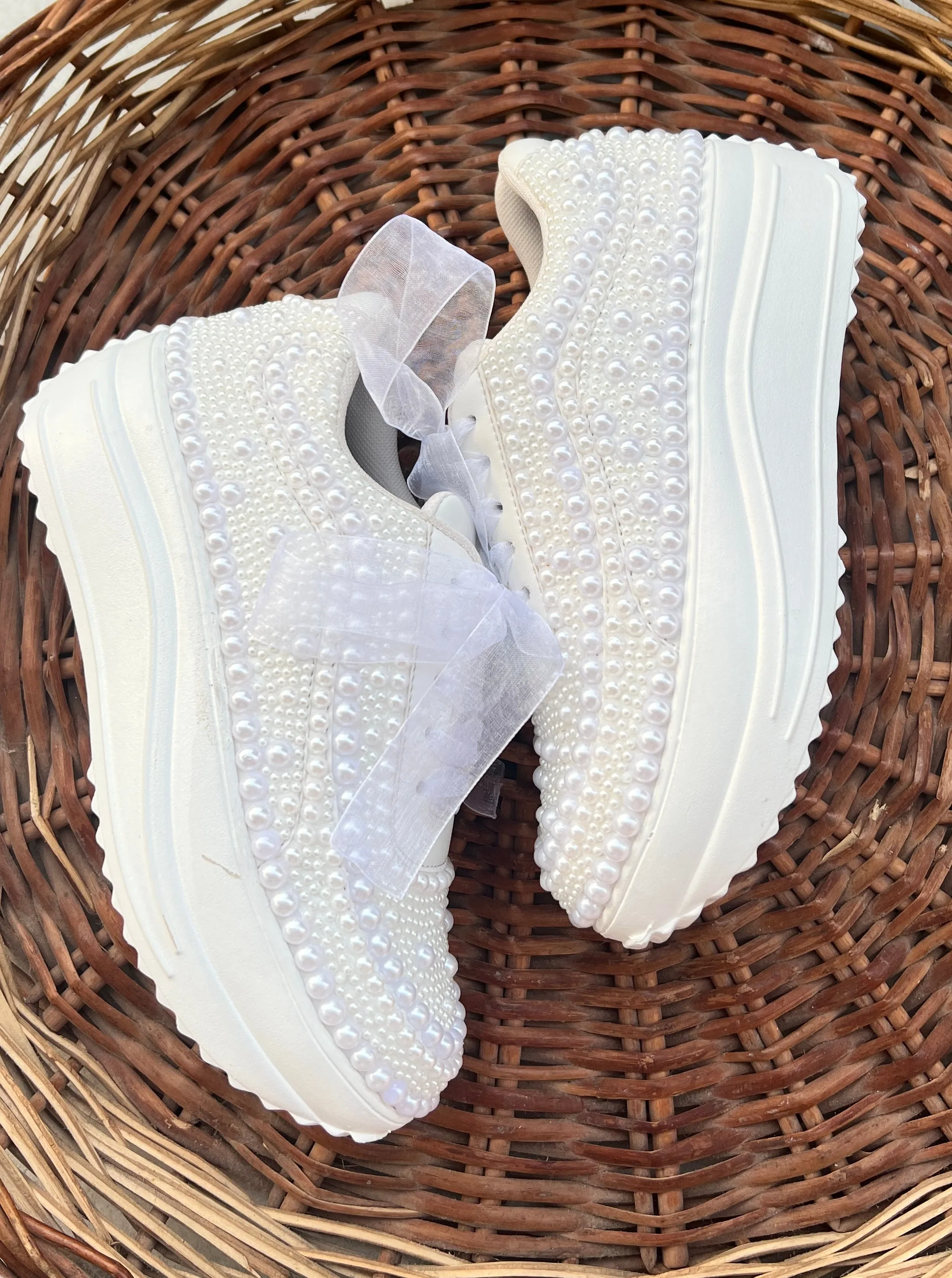 Funky N Trendy white pearl hand work sneakers / bridal sneakers/ sneaker for bride / white sneakers/ pearl sneakers for bride/ bridesmaid sneakers / pearls sneakers