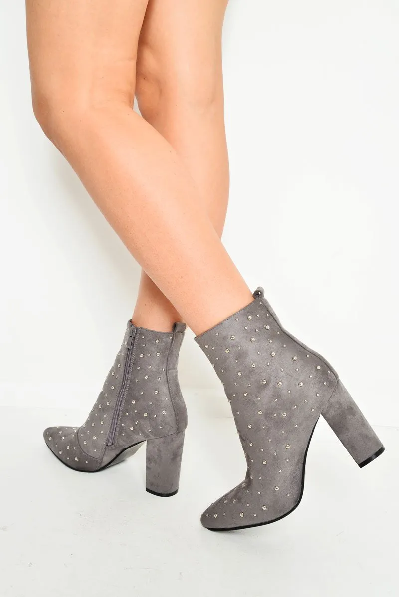 Grey Faux Suede Studded Ankle Boots - Laelynn