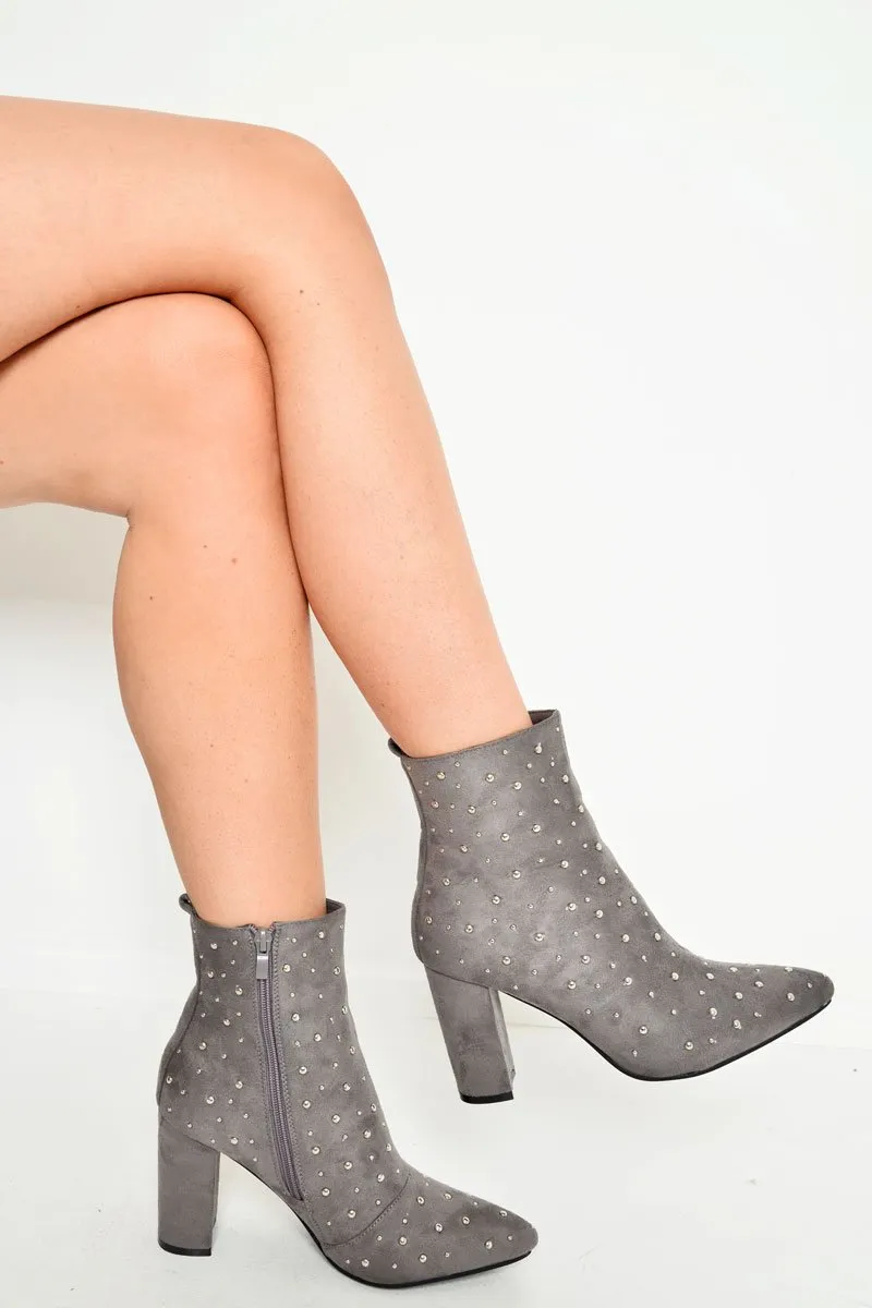 Grey Faux Suede Studded Ankle Boots - Laelynn