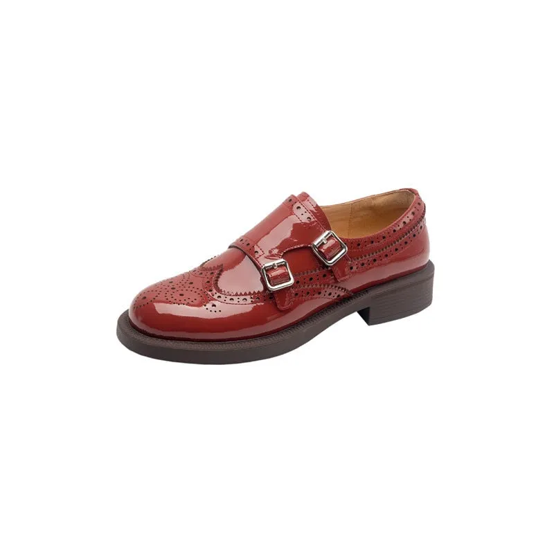 Handmade Patent Leather Double Monk Strap Shoes For Women in Red/Brown/Black