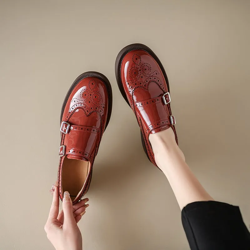 Handmade Patent Leather Double Monk Strap Shoes For Women in Red/Brown/Black