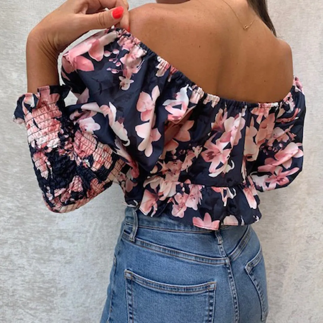 JORDANNA Long Sleeve Floral Print Crop Top