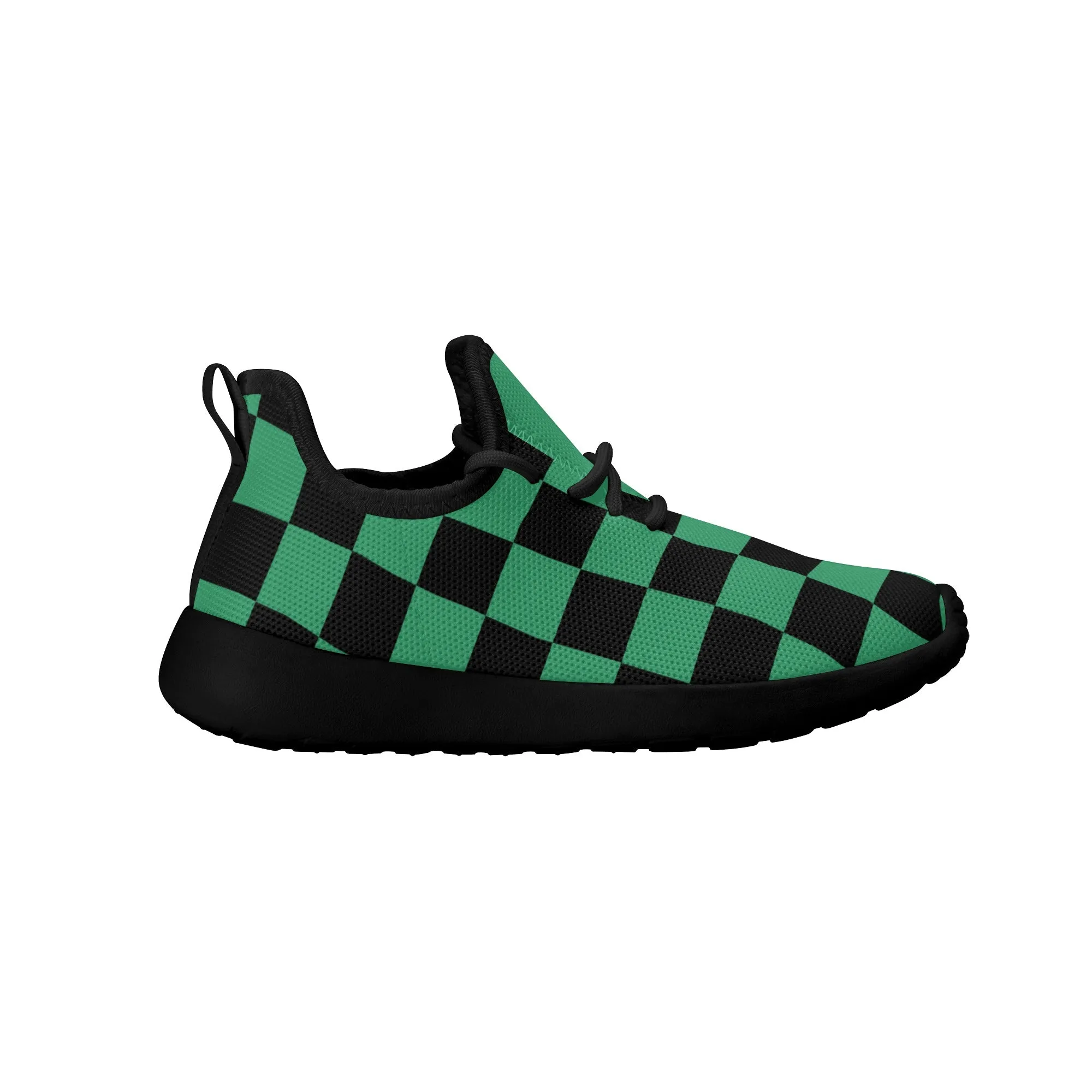 Kids Running Shoes | Mesh Knit Sneakers for kids 7-12 | Anime Slayer of Demon | Green Black Checkered