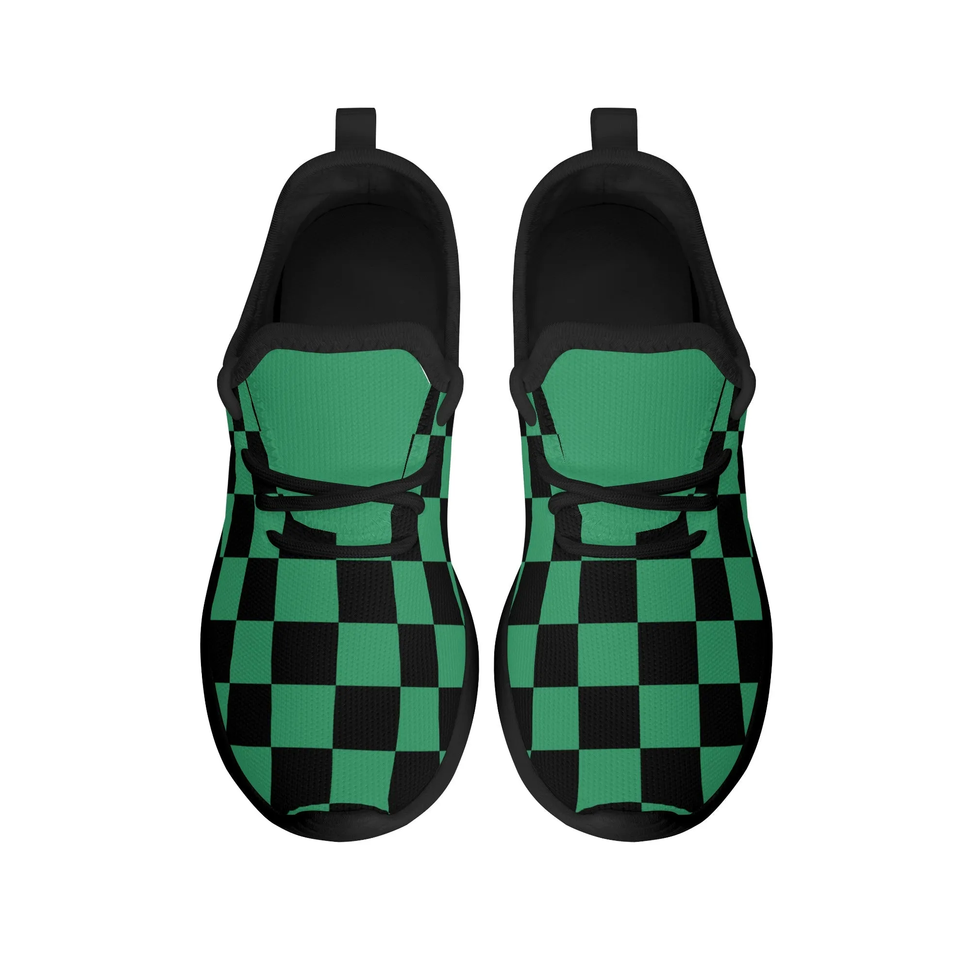 Kids Running Shoes | Mesh Knit Sneakers for kids 7-12 | Anime Slayer of Demon | Green Black Checkered