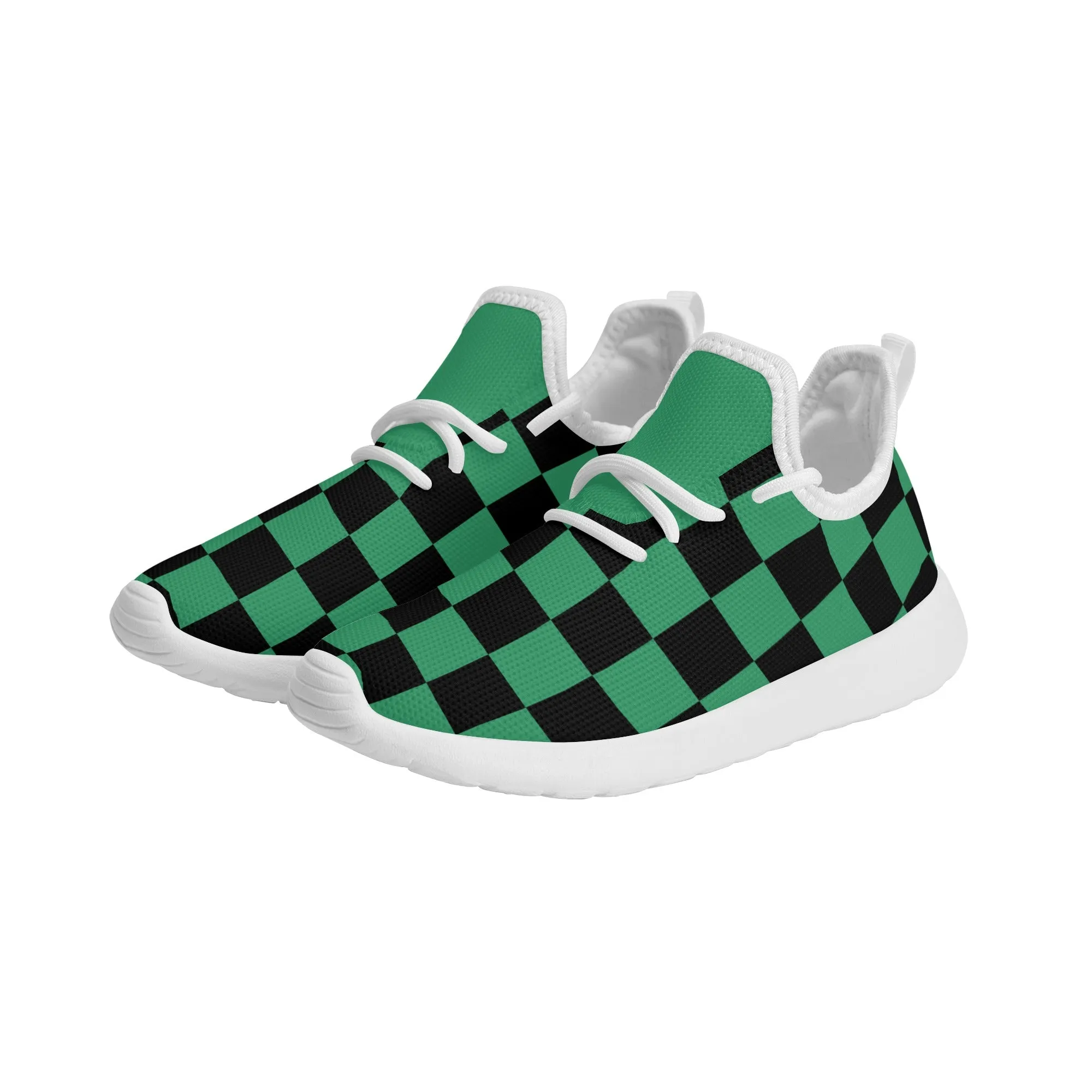 Kids Running Shoes | Mesh Knit Sneakers for kids 7-12 | Anime Slayer of Demon | Green Black Checkered