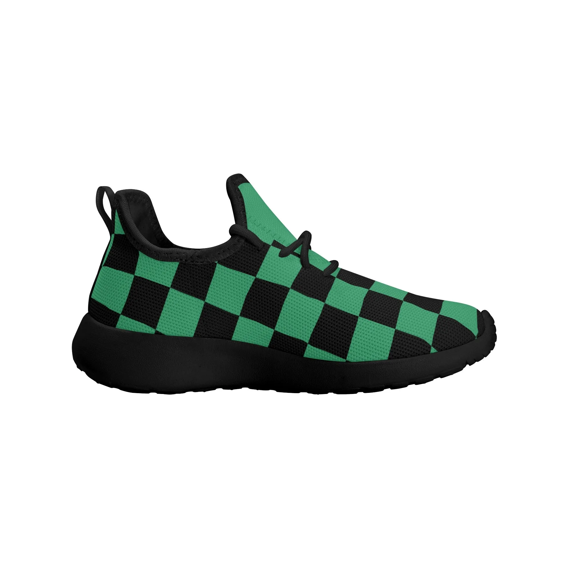 Kids Running Shoes | Mesh Knit Sneakers for kids 7-12 | Anime Slayer of Demon | Green Black Checkered