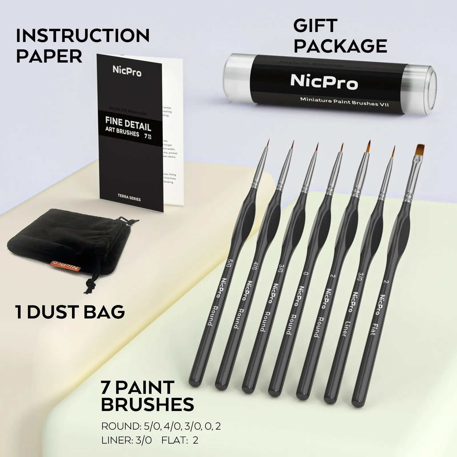 Nicpro Miniature Detail Paint Brush Set, 7 Black Micro Professional Small Fine Painting Brushes for Watercolor Oil Acrylic,Craft Scale Models Rock Painting & Paint by Number for Adult with Holder Bag